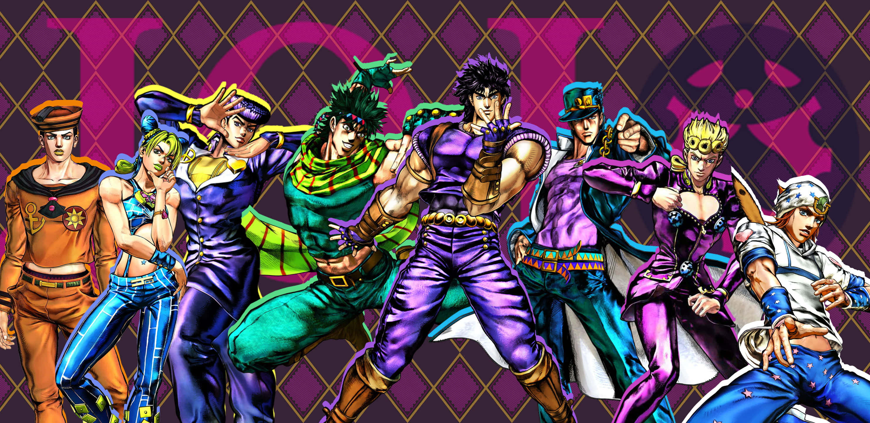 體驗JoJo的奇妙冒險的驚險樂趣 壁紙 — 一個充滿活力的動漫團體，由七個風格化的角色組成，在紫色菱形圖案背景前擺出動態姿勢。