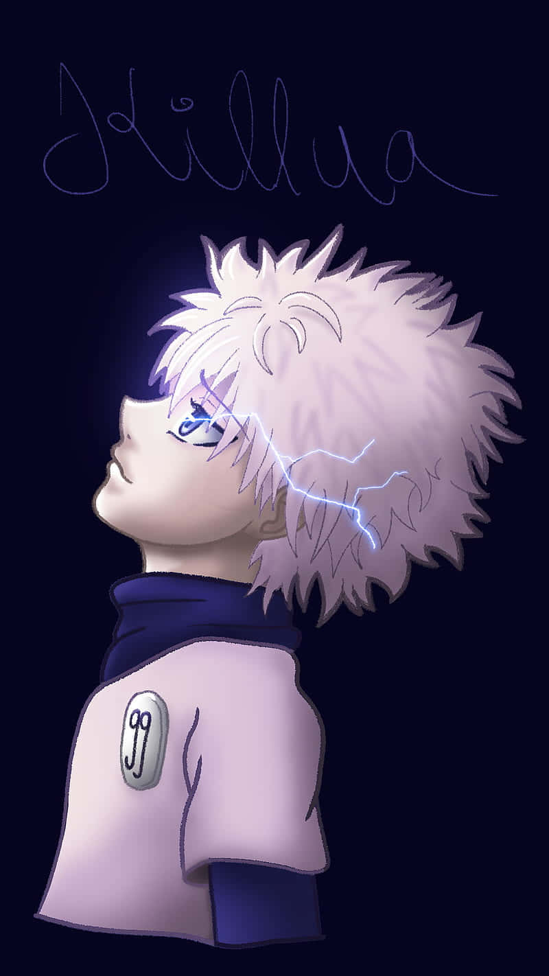 動畫角色奇犽（Killua）頭後有閃電，抬頭凝視。