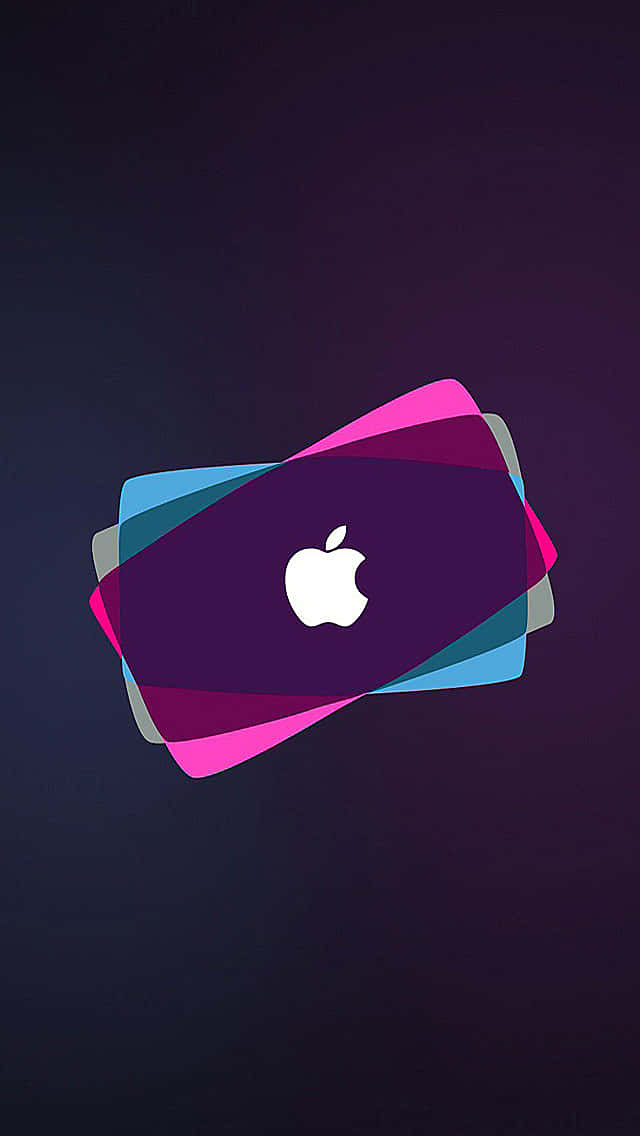 Apple標誌在深紫色背景上的彩色重疊幾何形狀上