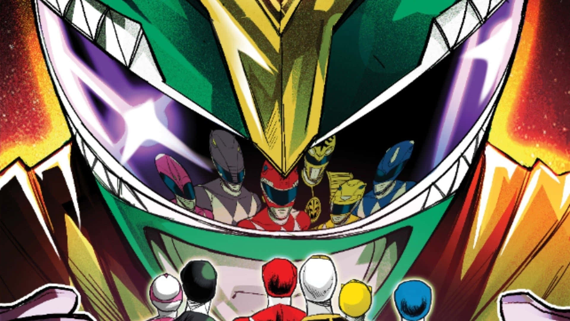 體驗Mighty Power Rangers的驚險冒險 壁紙 — Power Rangers 挑釁地站在巨型綠色和金色怪物的嘴裡，背景是火熱的橙色和紫色。