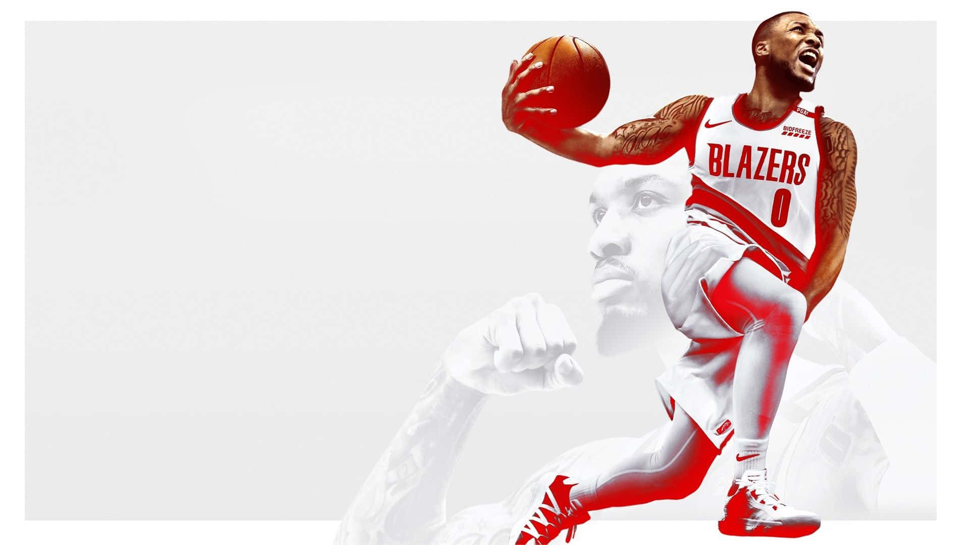 體驗NBA 2K21沉浸式與刺激的世界 壁紙 — 一位身穿紅白 Blazers 球衣的動感籃球運動員，在幽靈般的單色背景下激烈運球。