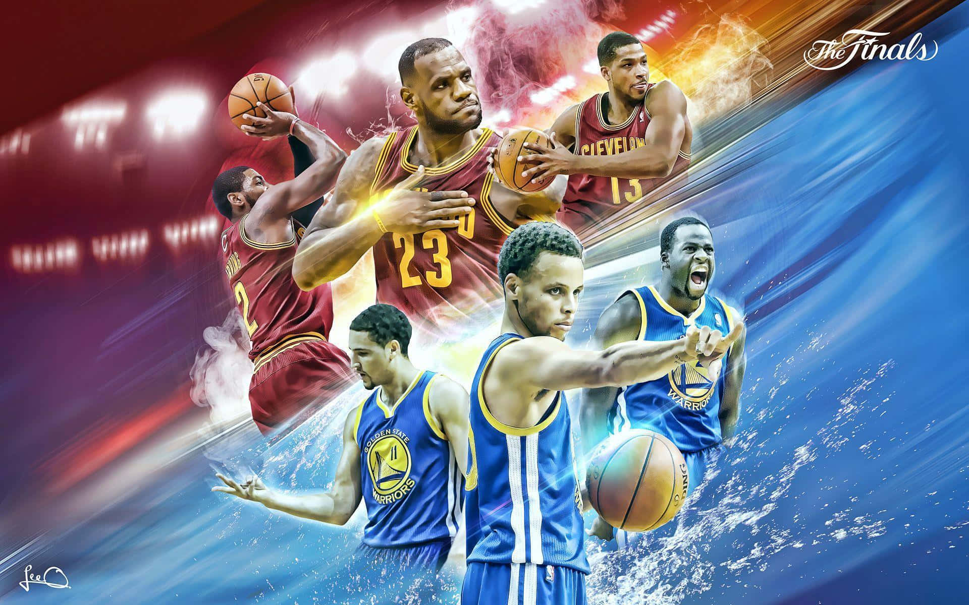 NBA球員在總決賽期間於火紅和電藍色背景中移動。
