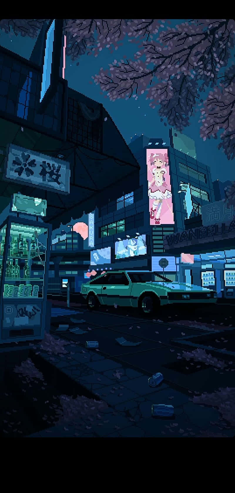 青綠色汽車停泊在櫻花下，身處霓虹燈浸染的像素藝術城市夜晚。