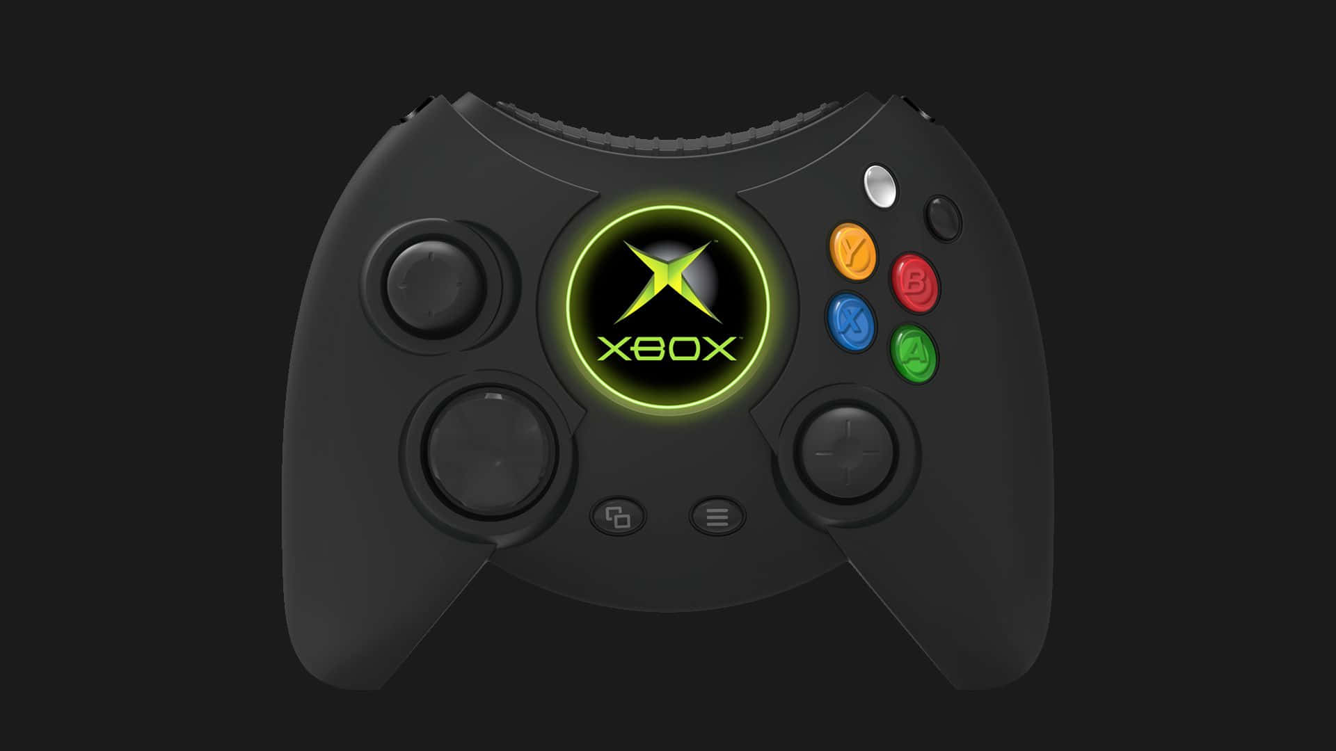 體驗Xbox遊戲的酷炫感 壁紙 — 一個黑色Xbox控制器，帶有發光的綠色標誌和彩色按鈕，背景為深色。