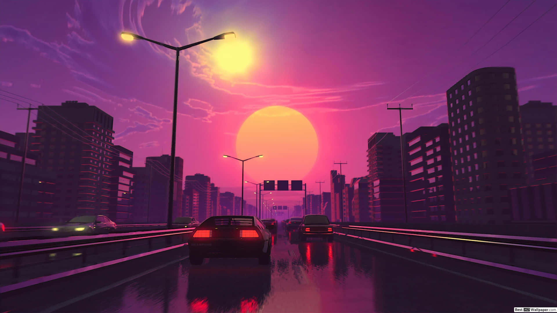 汽車喺未來城市中，喺發光嘅夕陽下行駛喺濕漉漉嘅高速公路上。