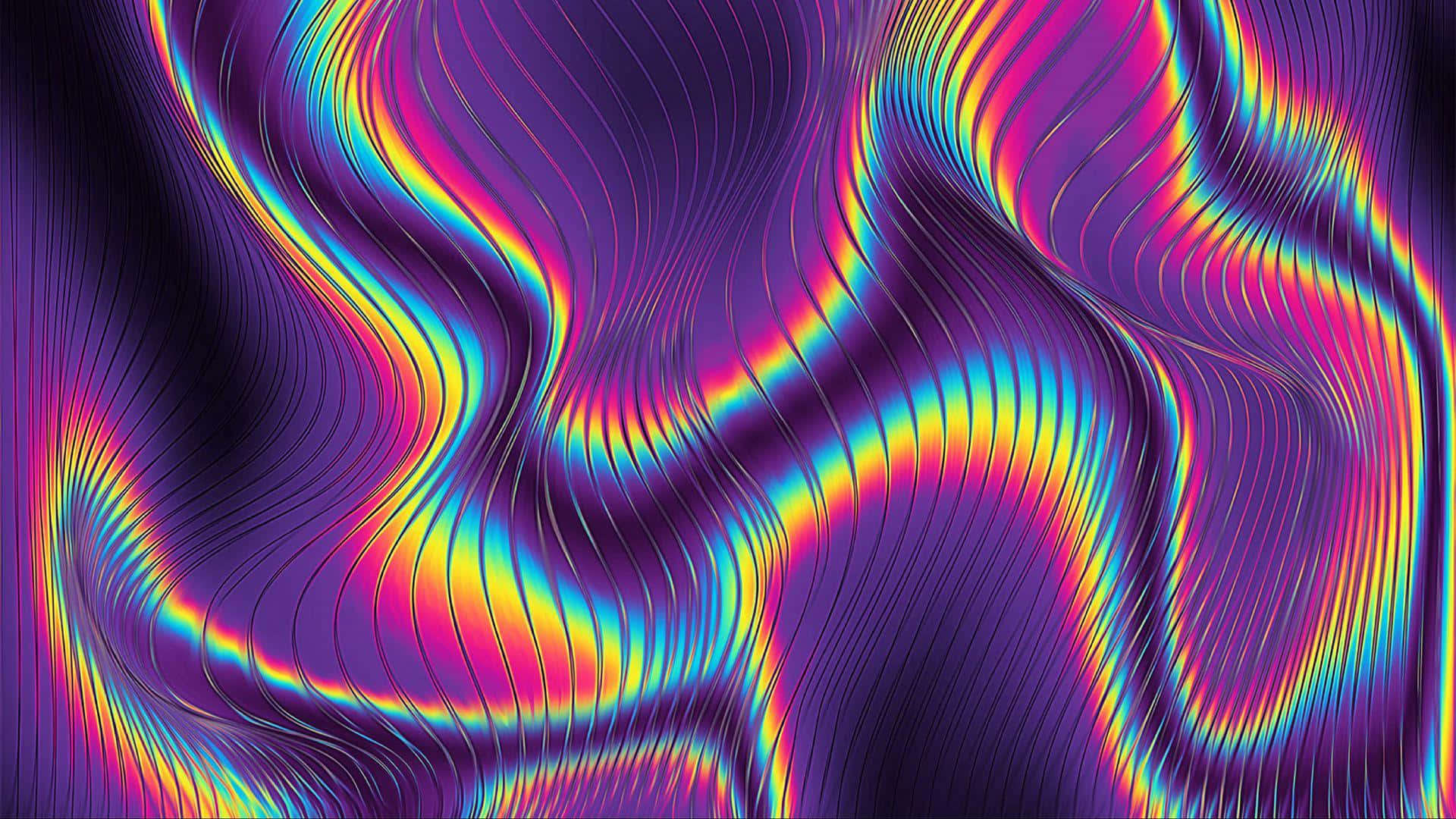 在深紫色背景上，動態流動的霓虹波浪呈現彩虹色調。
