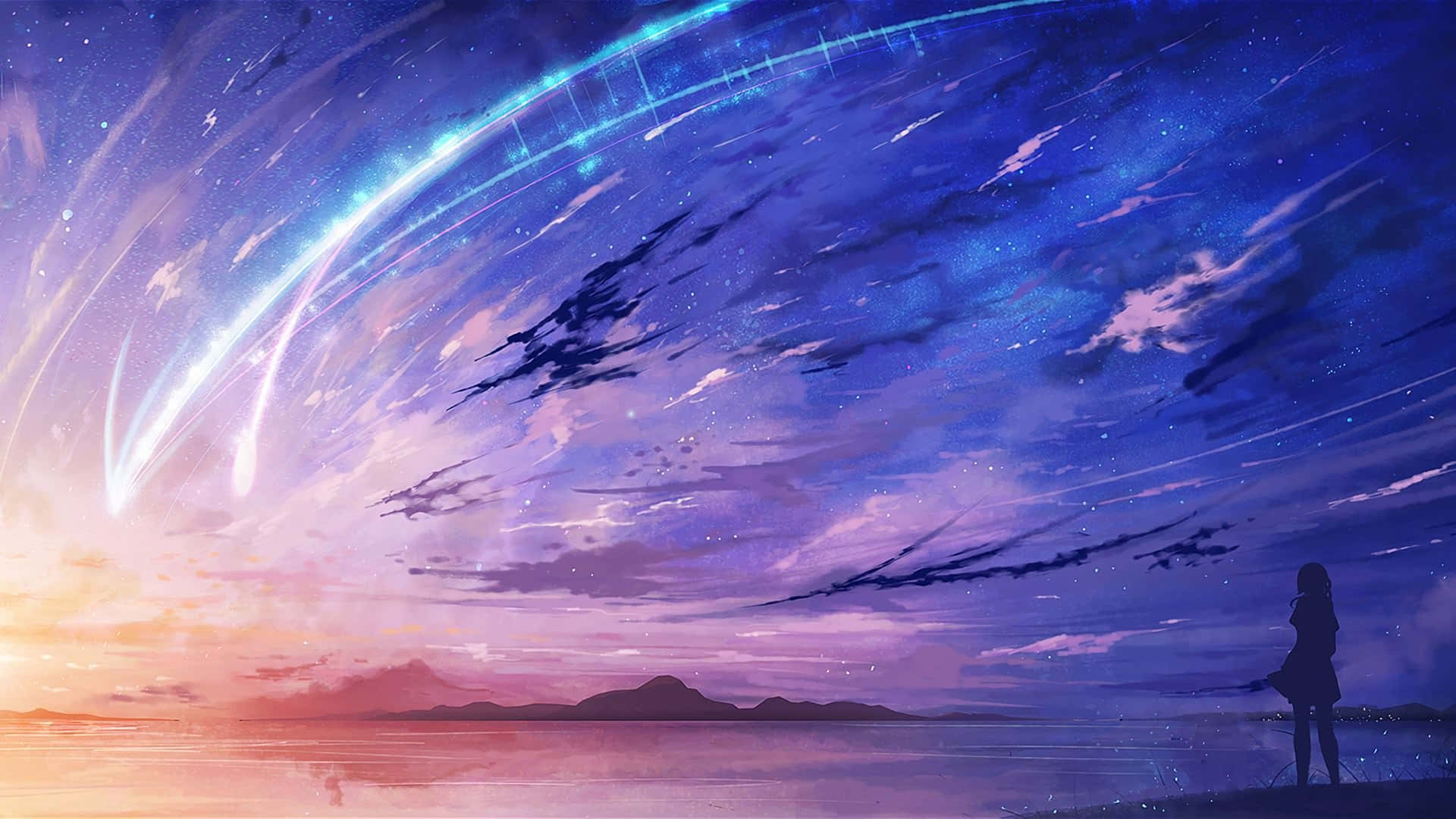 體驗令人驚嘆的動漫風格天空之美 壁紙 — 一個孤獨的身影站在岸邊，凝視著充滿發光宇宙痕跡和星雲的鮮豔暮色天空。