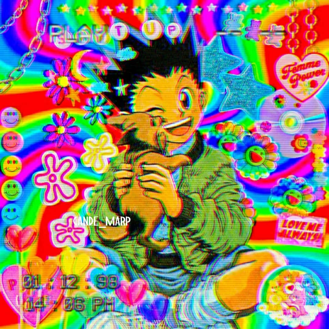 動漫男孩在彩虹漩渦、心形和貼紙中抱著毛絨玩具，帶有故障文字。