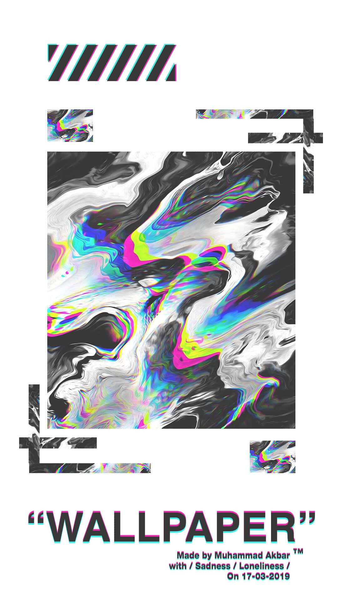 抽象數位藝術作品，具有旋轉的霓虹色彩和故障效果，並以幾何形狀框住。