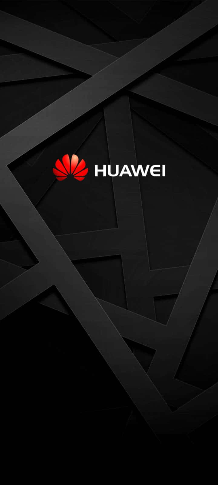 體驗全新華為的強大性能 壁紙 — 一款時尚的黑色幾何牆紙，中央放置紅色Huawei標誌，背景為層疊的棱角形狀。