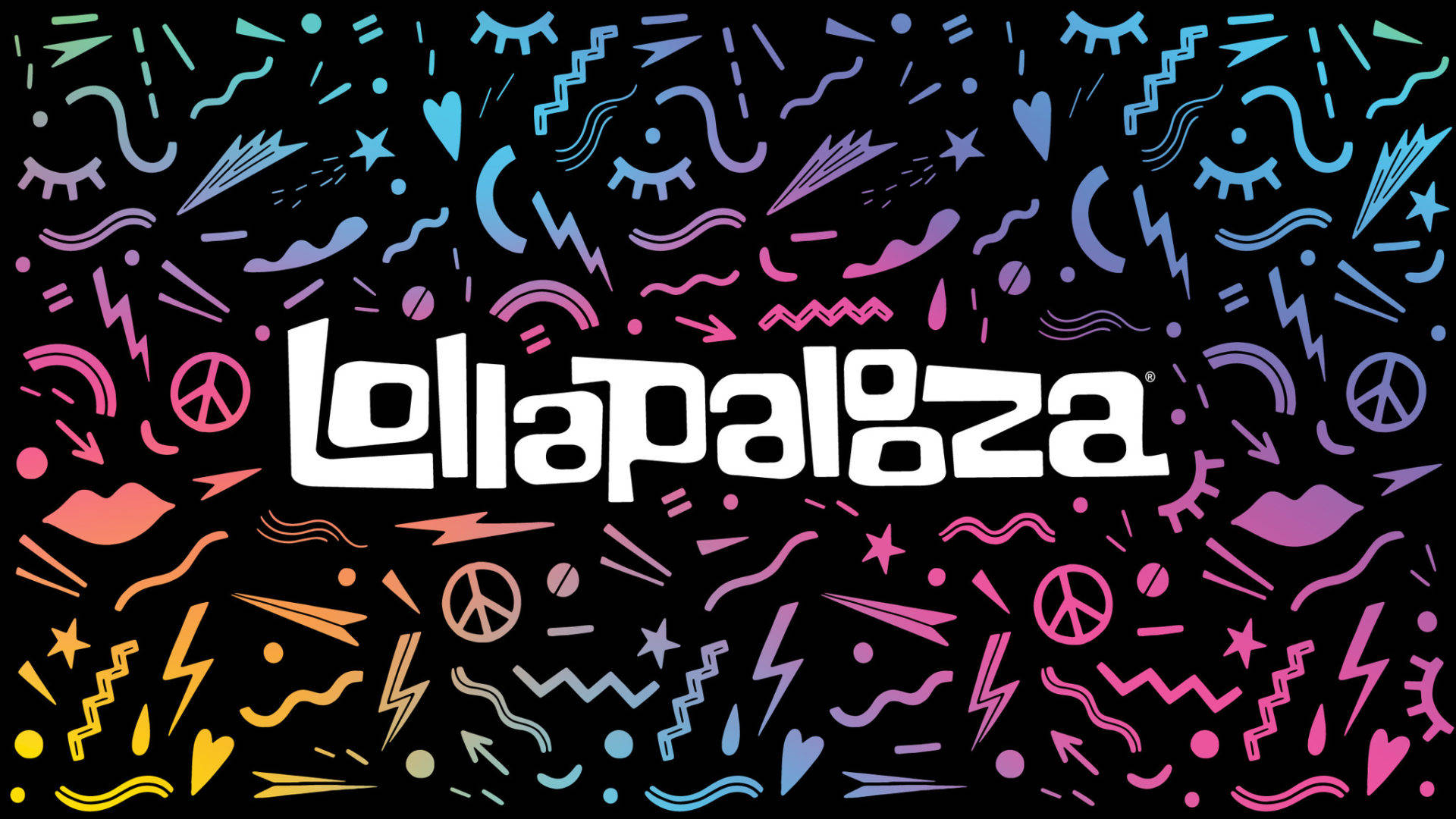 Lollapalooza 節日標誌，帶有彩色和平標誌和閃電。