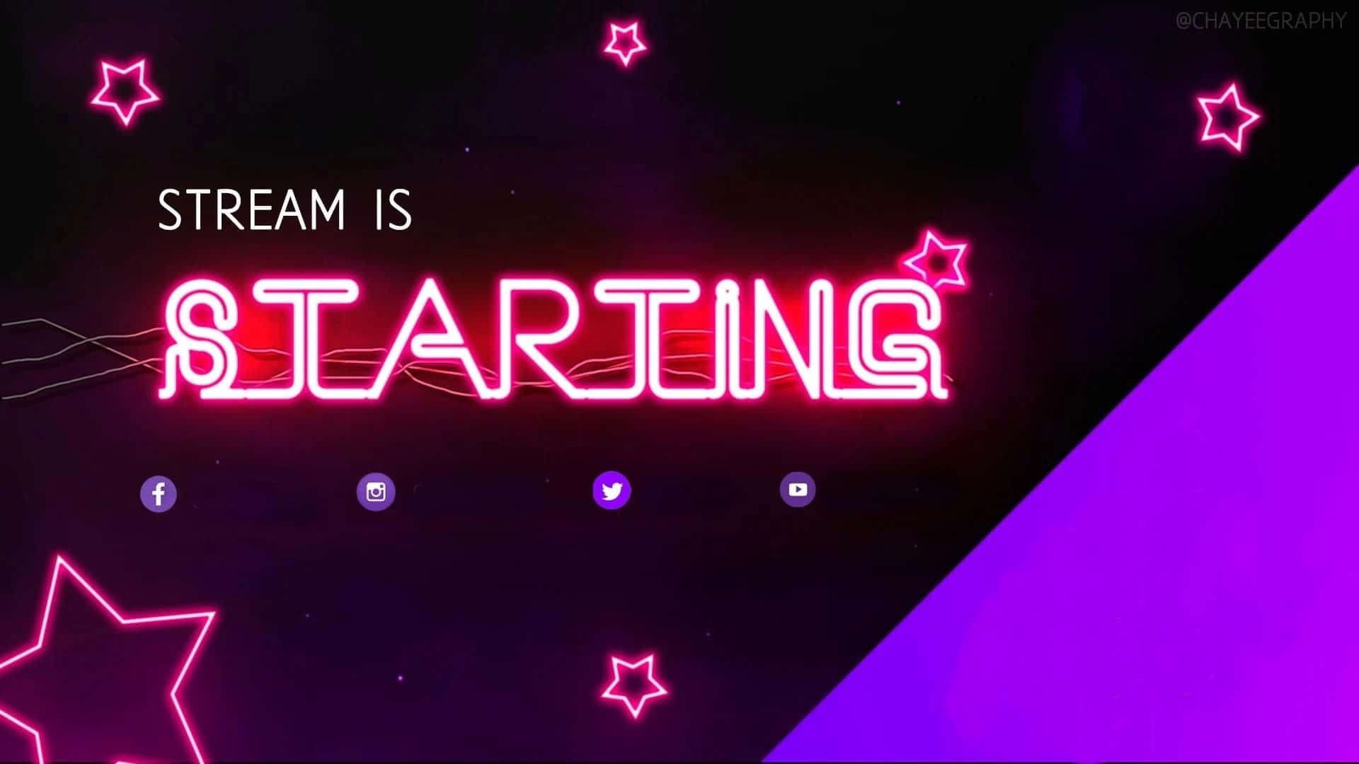 霓虹粉紅色「STREAM IS STARTING」文字，帶有社交圖標和星星，背景為紫色。