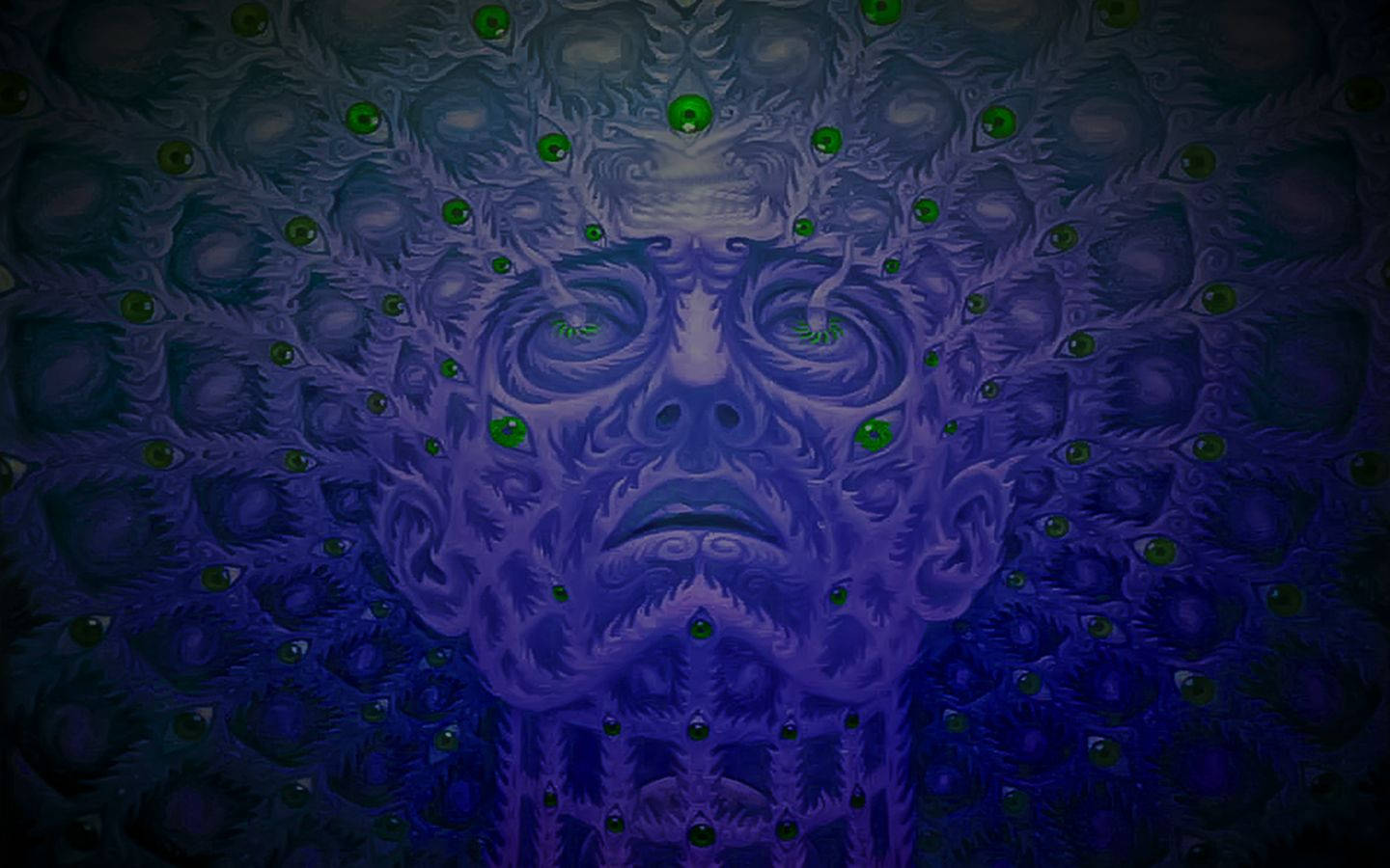 一個紫色的超現實面孔，帶有發光的綠色眼睛，被分形圖案包圍。