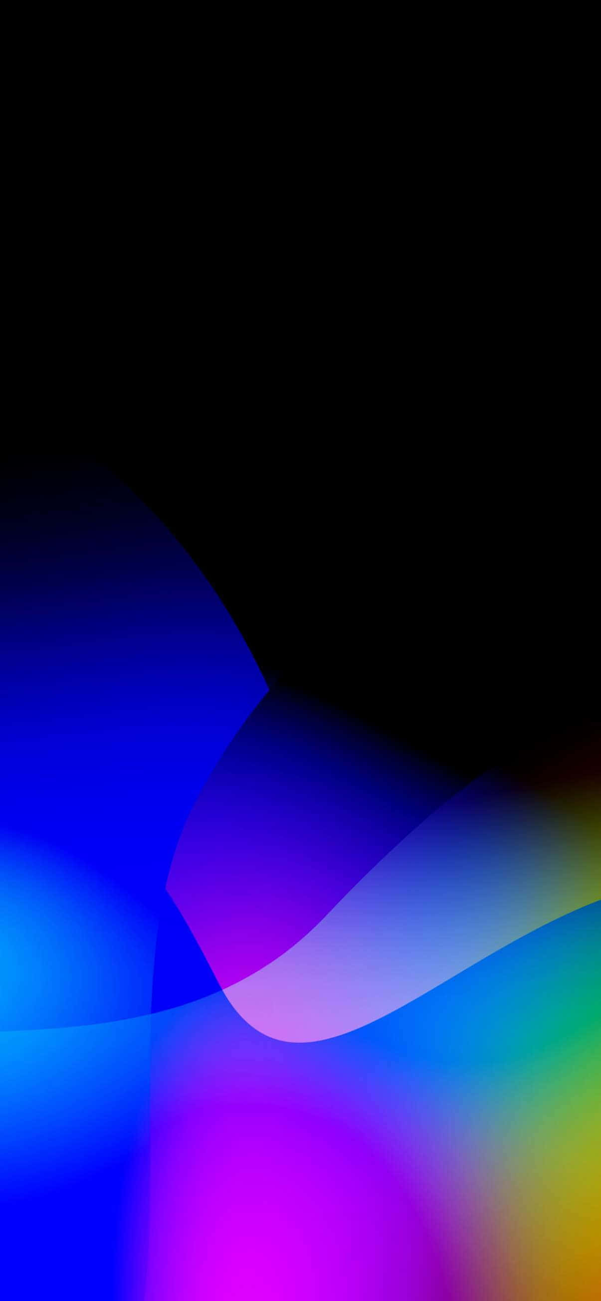 體驗史上最先進的 iPhone：Apple iPhone Xs Max 壁紙 — 在深黑色背景上，藍色、紫色和黃色光芒的鮮豔抽象波浪。