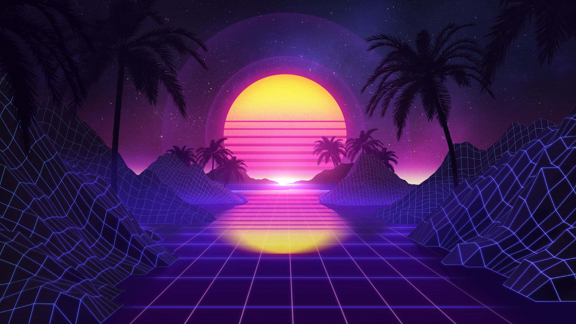 在星空下，霓虹夕陽照耀著一條有棕櫚樹和山脈的網格路徑。