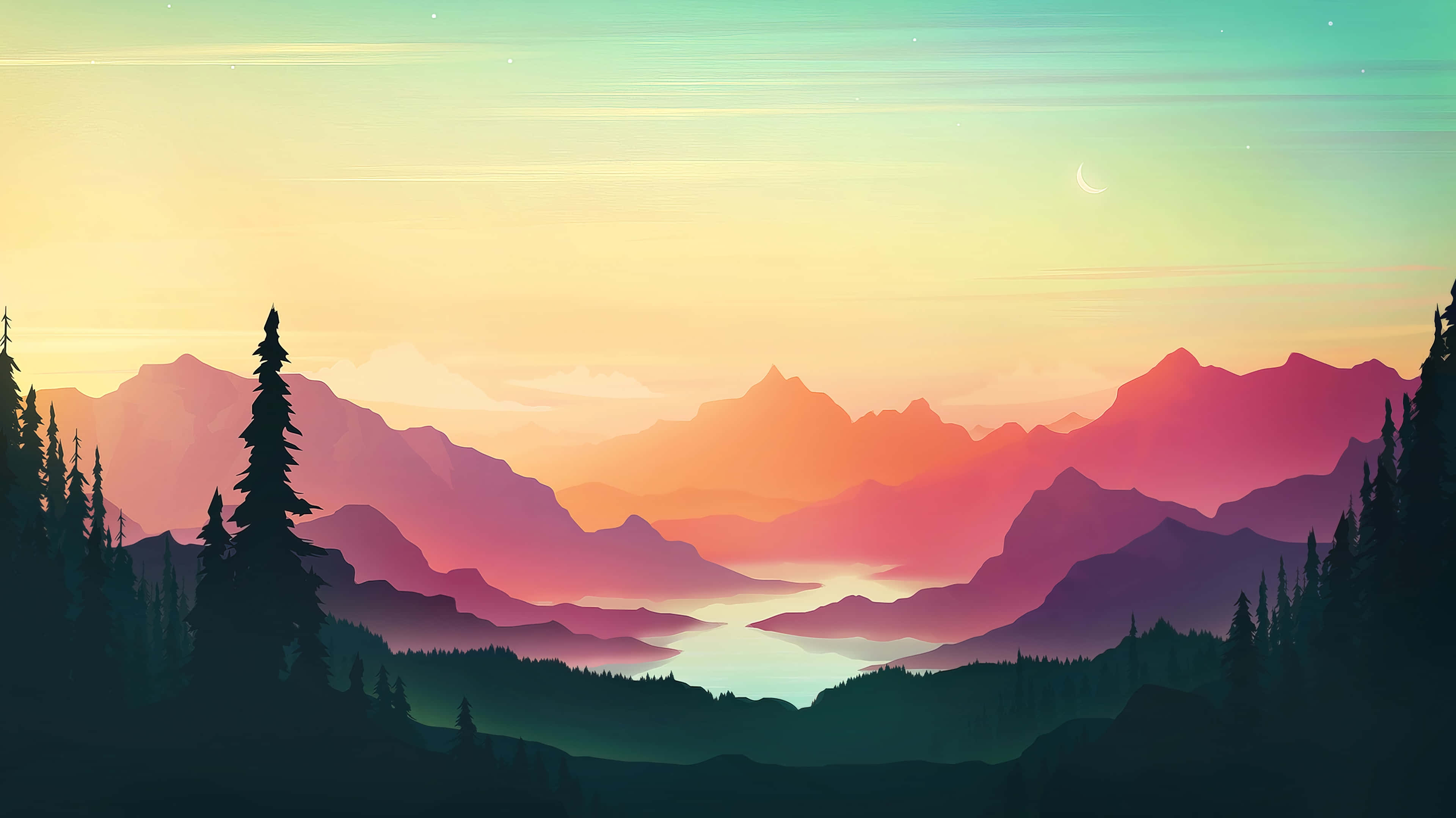 體驗壯麗山景的迷人之美 壁紙 — 一個寧靜的山谷沐浴在暮色中，層巒疊嶂在漸變的天空下形成剪影，還有一彎新月。