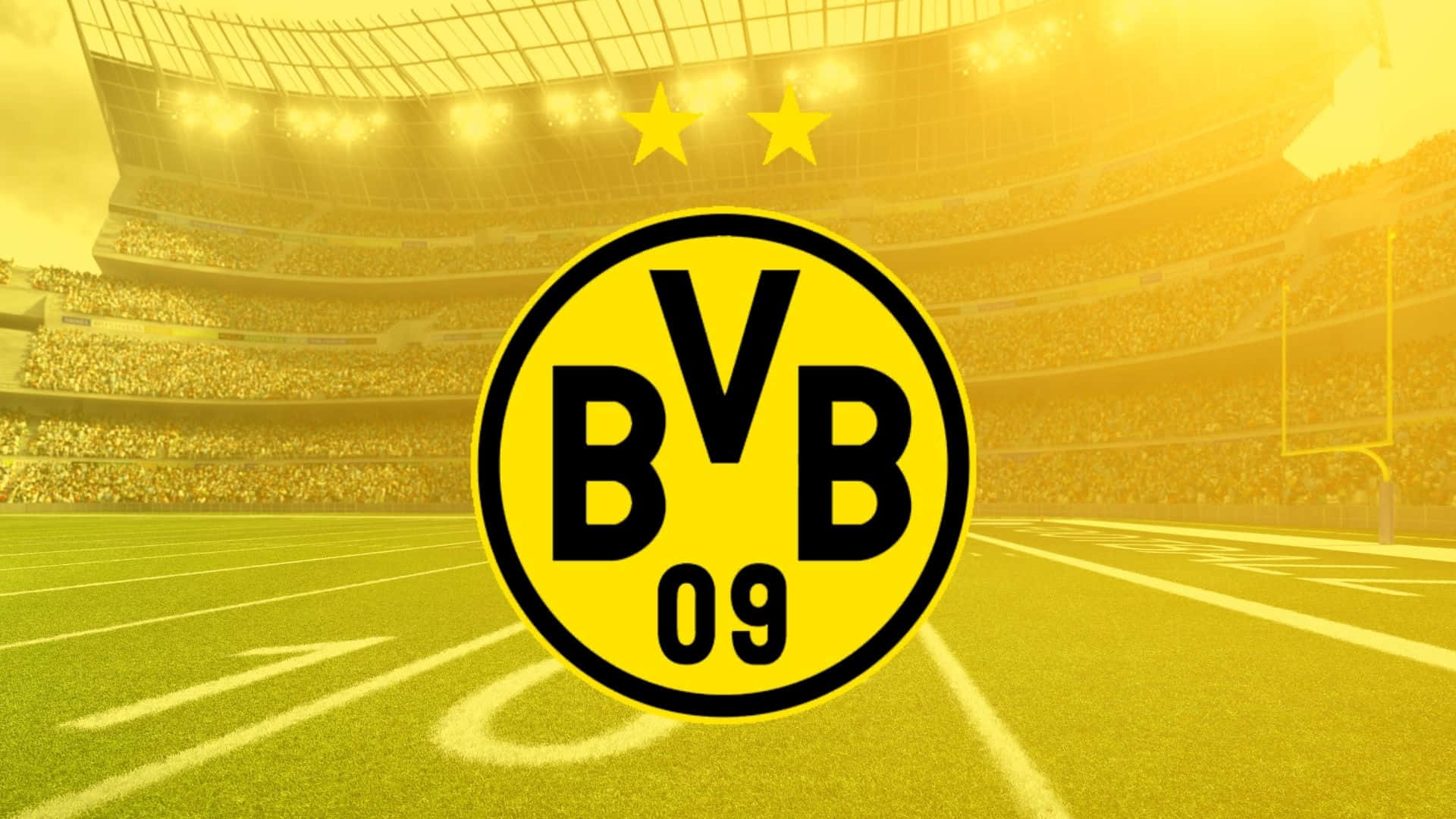 BVB 09 足球會標誌在金色燈光下居中於擠滿觀眾的球場上。
