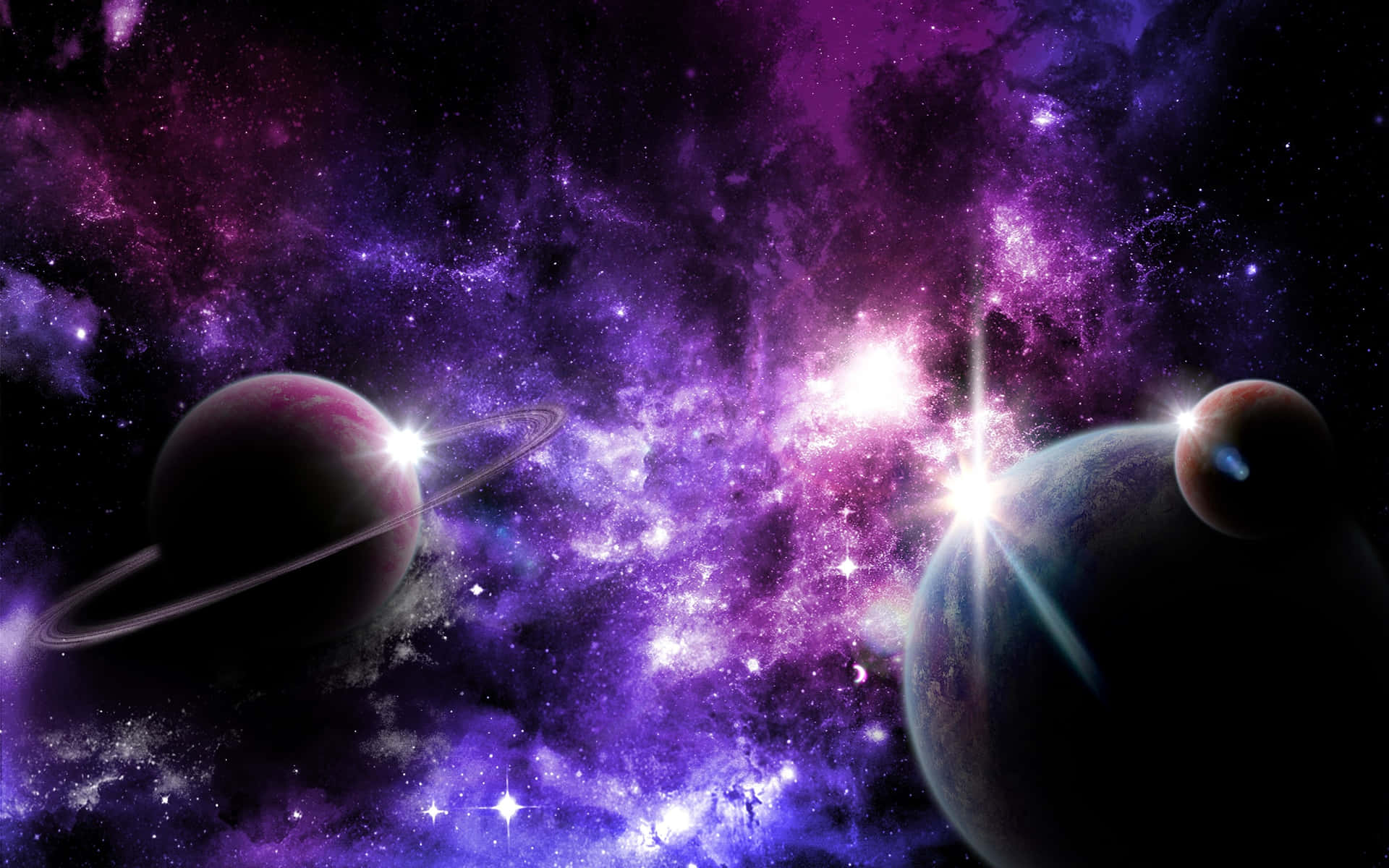 深空中的紫色宇宙星雲，帶有兩個環狀行星和明亮的星星。