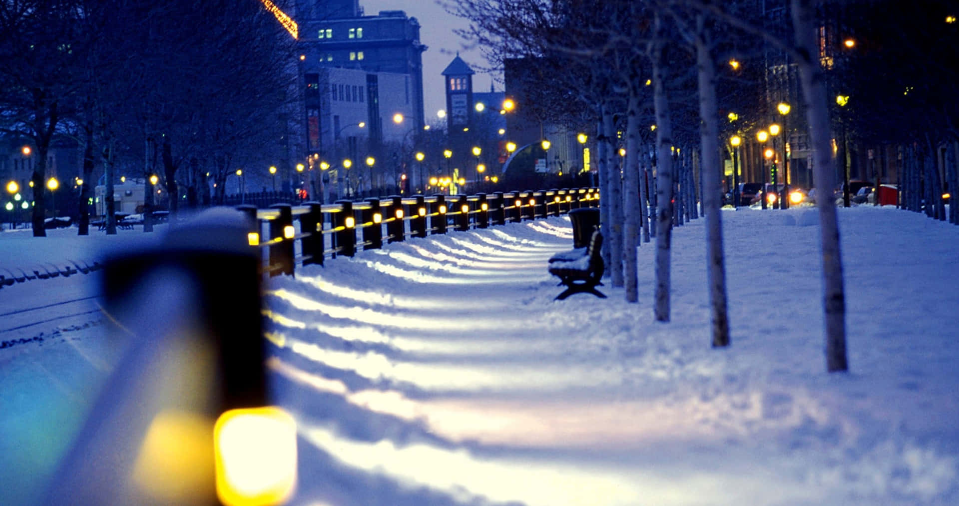 被溫暖路燈照亮的雪覆蓋城市公園小徑和長椅的夜景。