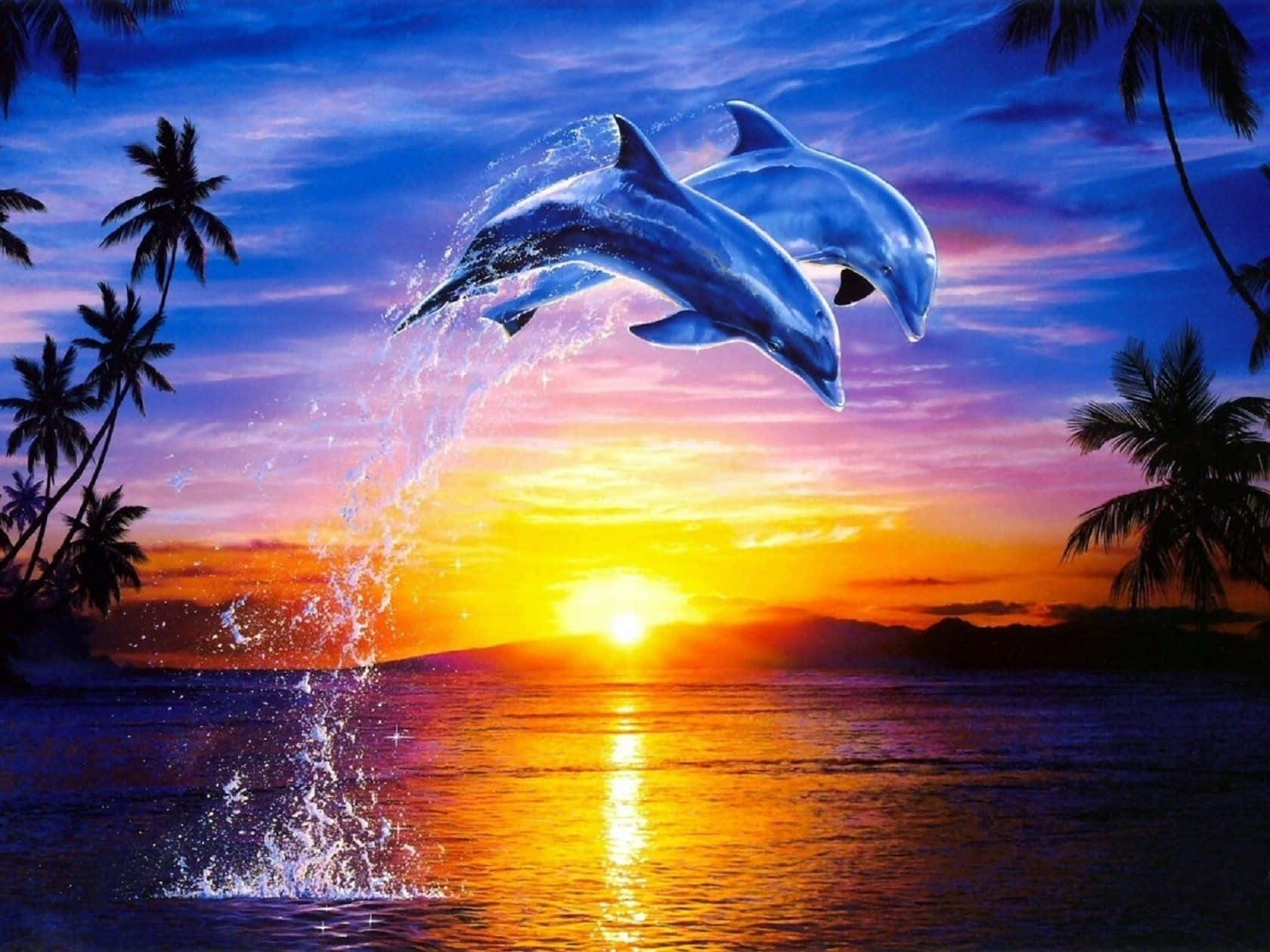 日落時兩隻海豚從海洋中躍出，背景有棕櫚樹。 — 邁阿密海豚 GIF 壁紙
