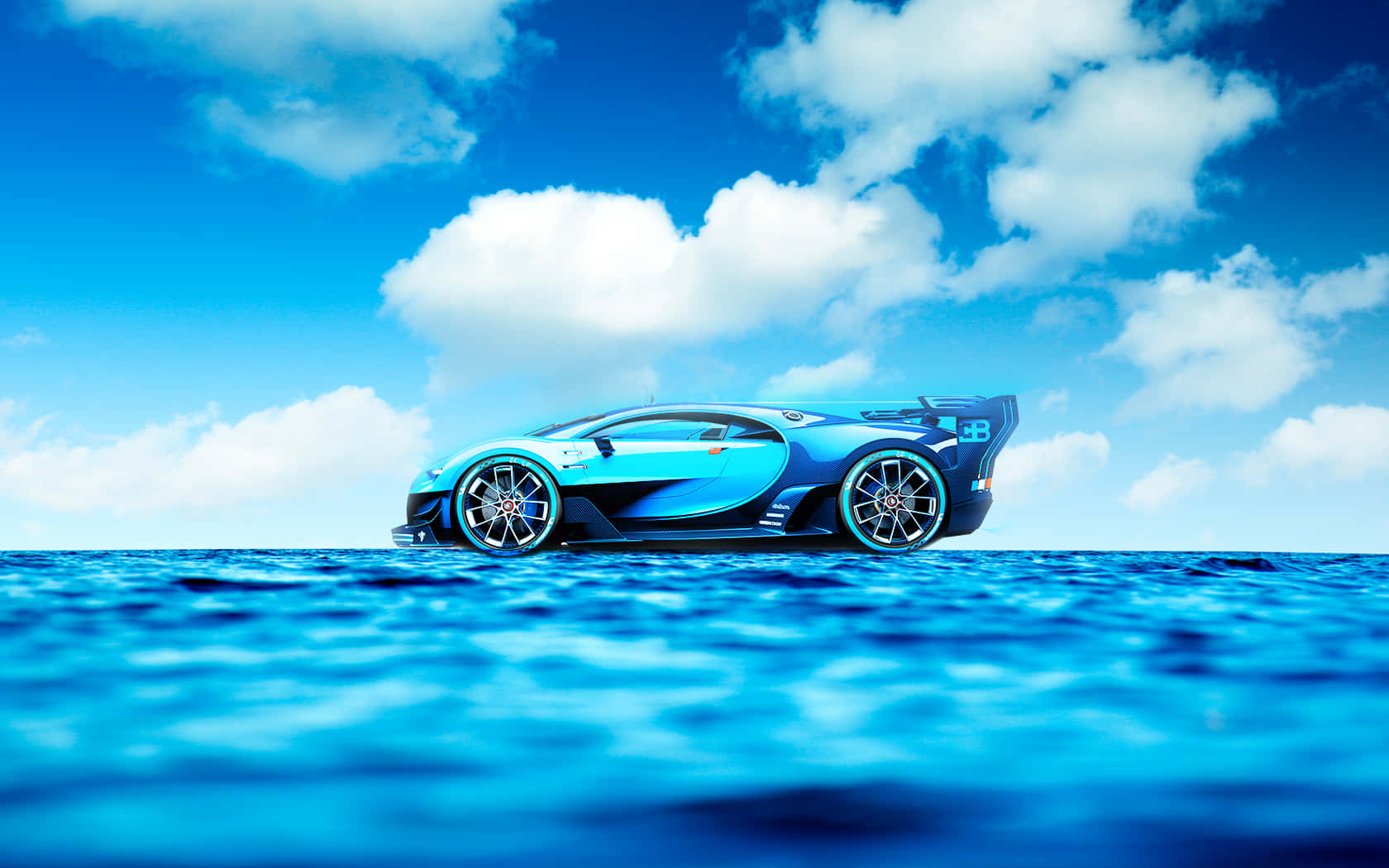 一輛藍色Bugatti跑車在多雲的天空下漂浮在海面上。