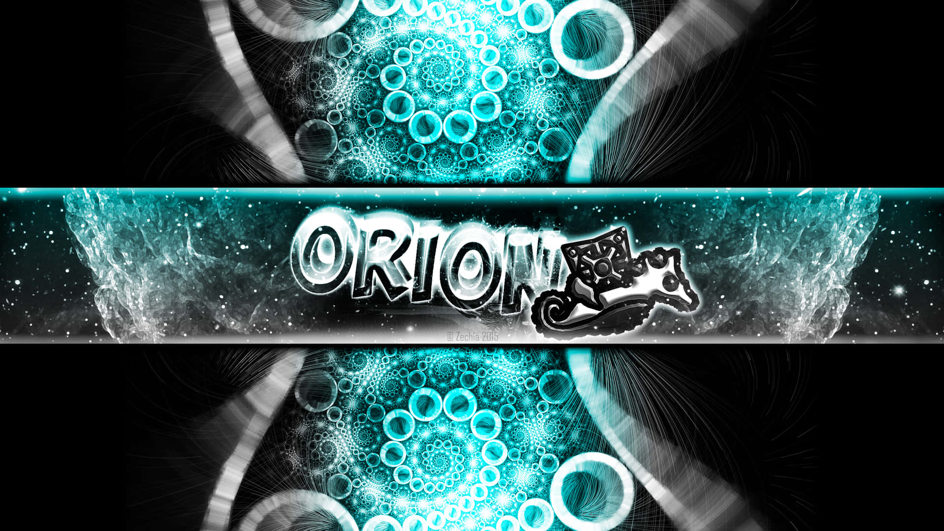 發光的青綠色分形設計，帶有「ORION」字樣和風格化的貓剪影。