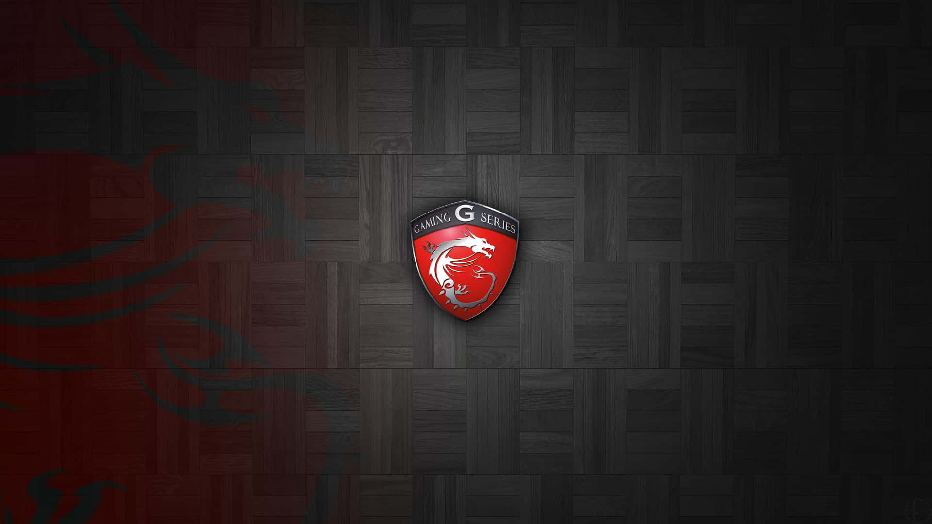 體驗微星頂級軟體 壁紙 — 一個紅色嘅MSI Gaming G Series龍標誌，置中喺深色木地板上面，背景有隱約嘅紅色龍剪影。