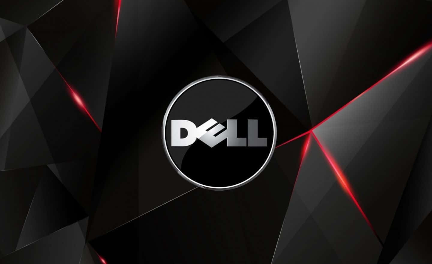 Dell 標誌在黑色幾何背景上，帶有紅色光條。