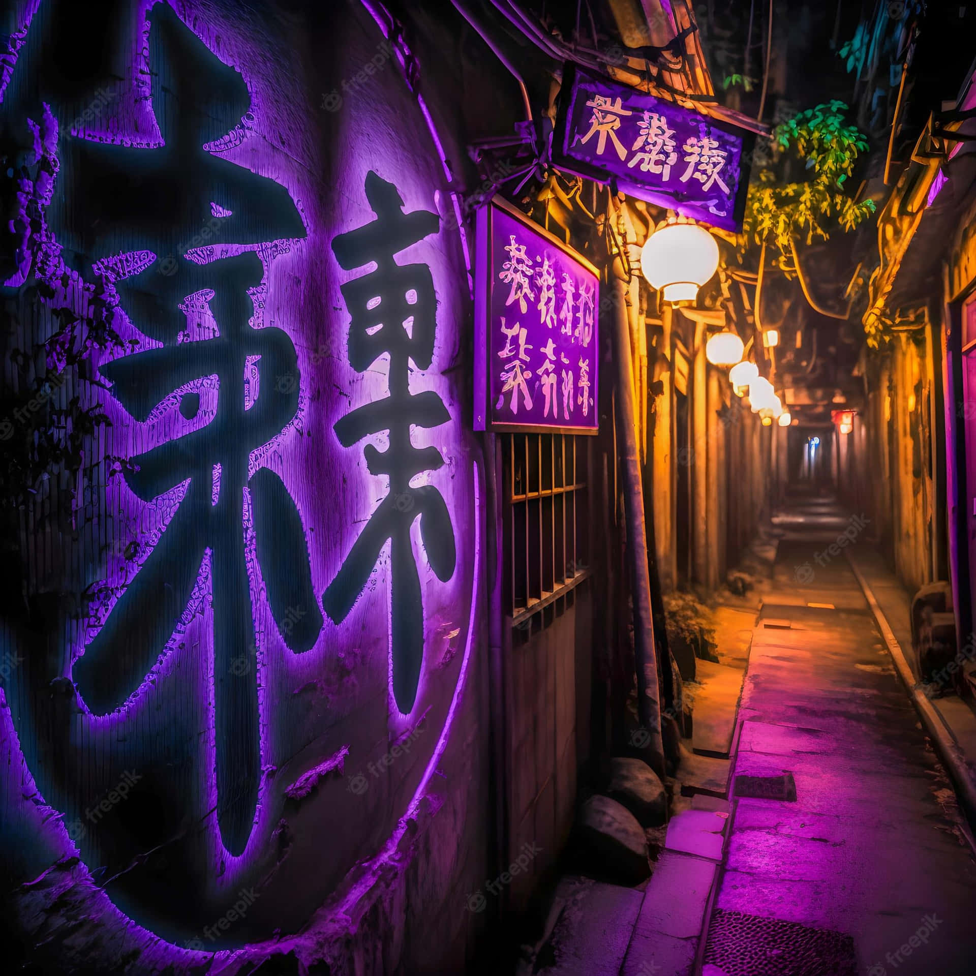 夜晚狹窄的小巷，被紫色霓虹燈招牌和發光的燈籠照亮。