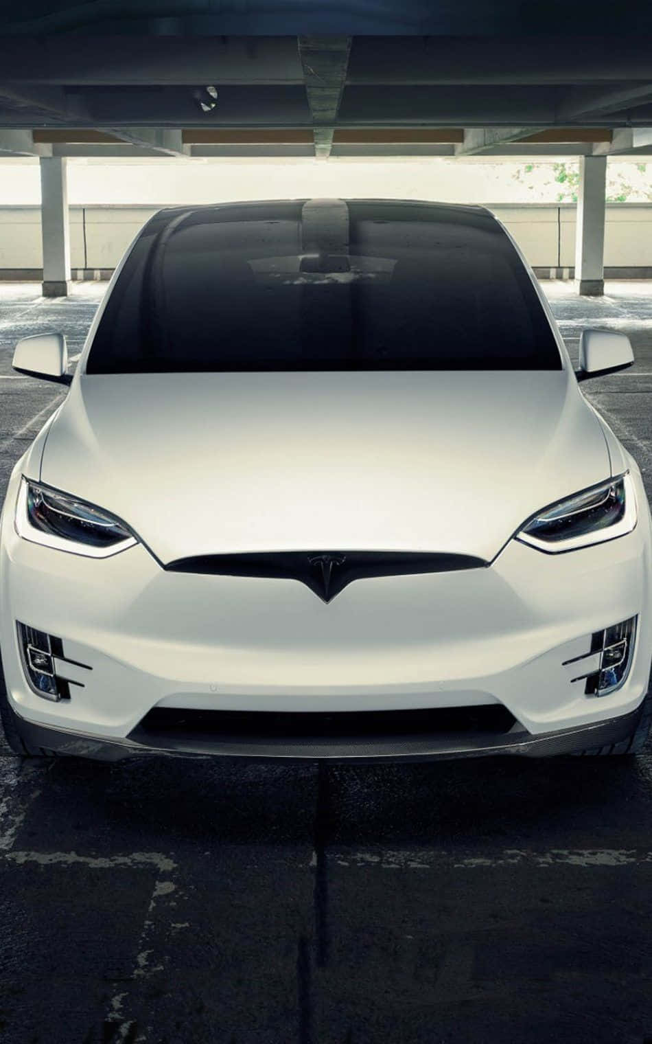 白色Tesla Model X停放在混凝土天橋下。