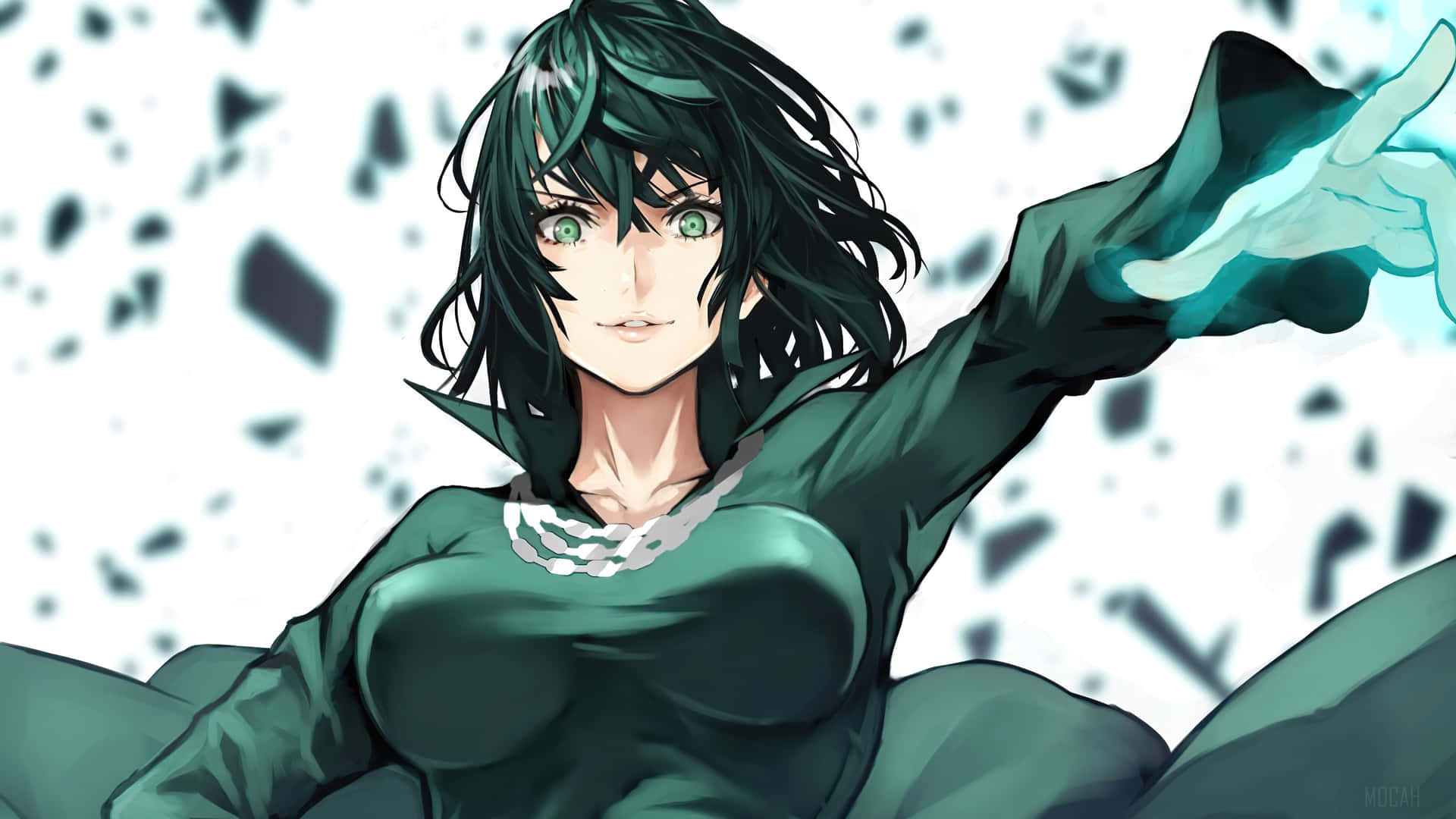綠髮動漫女性，帶有發光能量，伸出手。