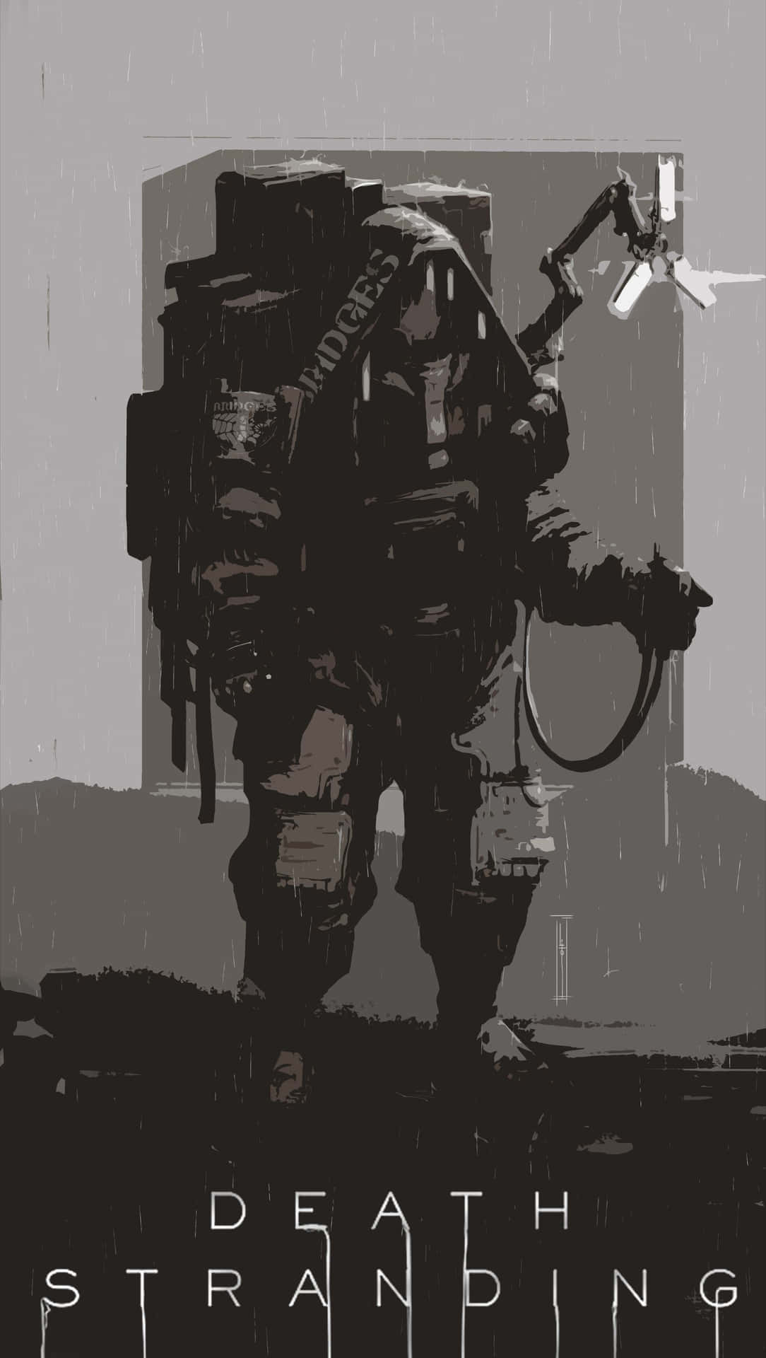 雨中士兵的黑暗剪影，手持發光工具，帶有「Death Stranding」文字。