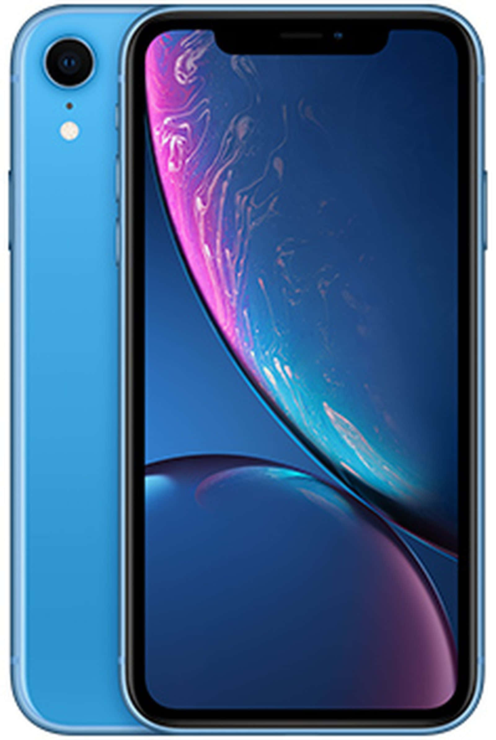 體驗最新科技，盡在iPhone 壁紙 — 一部藍色 iPhone XR 前後展示，其充滿活力的漸變壁紙呈現旋轉的宇宙色彩。