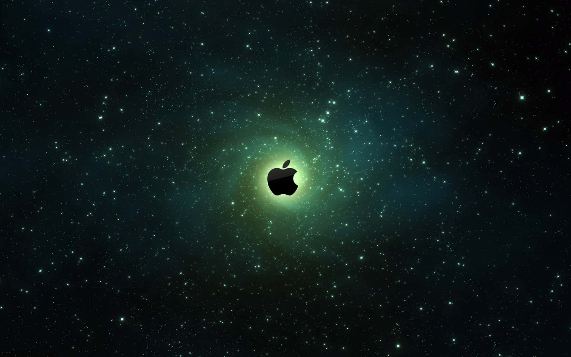 Apple標誌在星塵青綠色星雲中發光