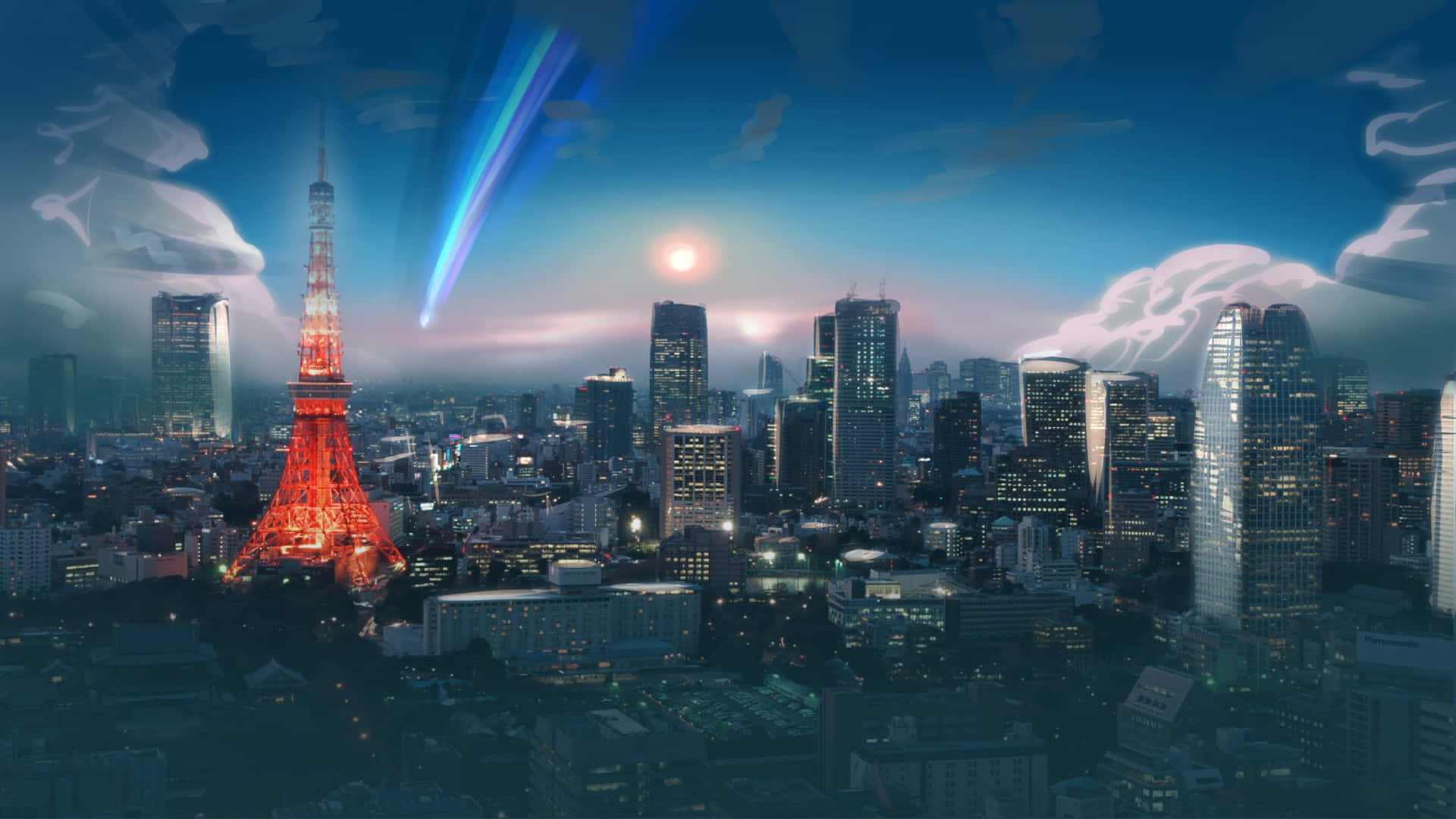 體驗東京的美景與文化 壁紙 — 黃昏時分的東京天際線，閃爍紅光的東京塔和劃破雲層的未來藍色能量光束。