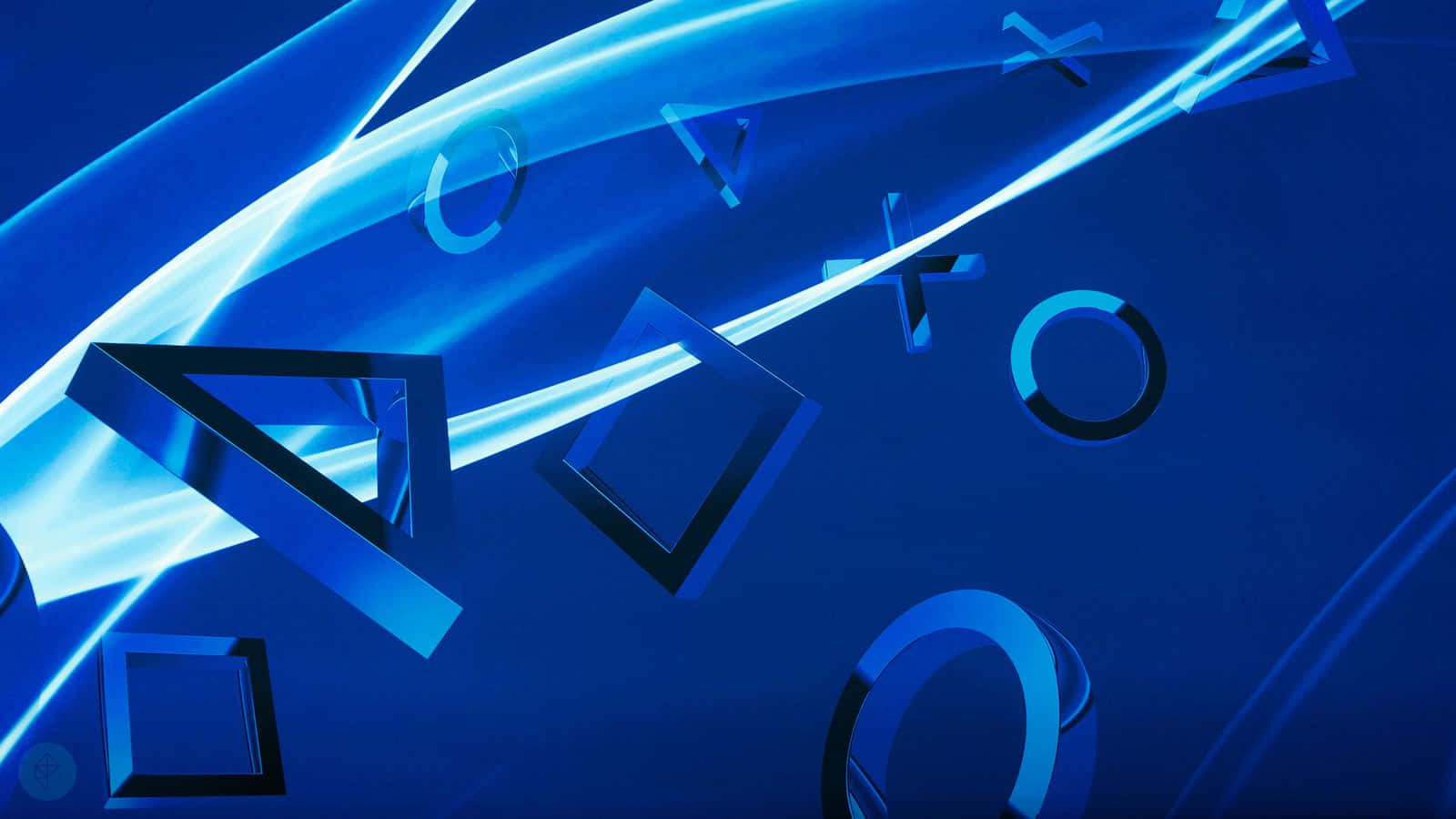 體驗次世代遊戲樂趣，盡在PlayStation 壁紙 — 發光的藍色幾何形狀和符號在深藍色漸變背景上動態漂浮。