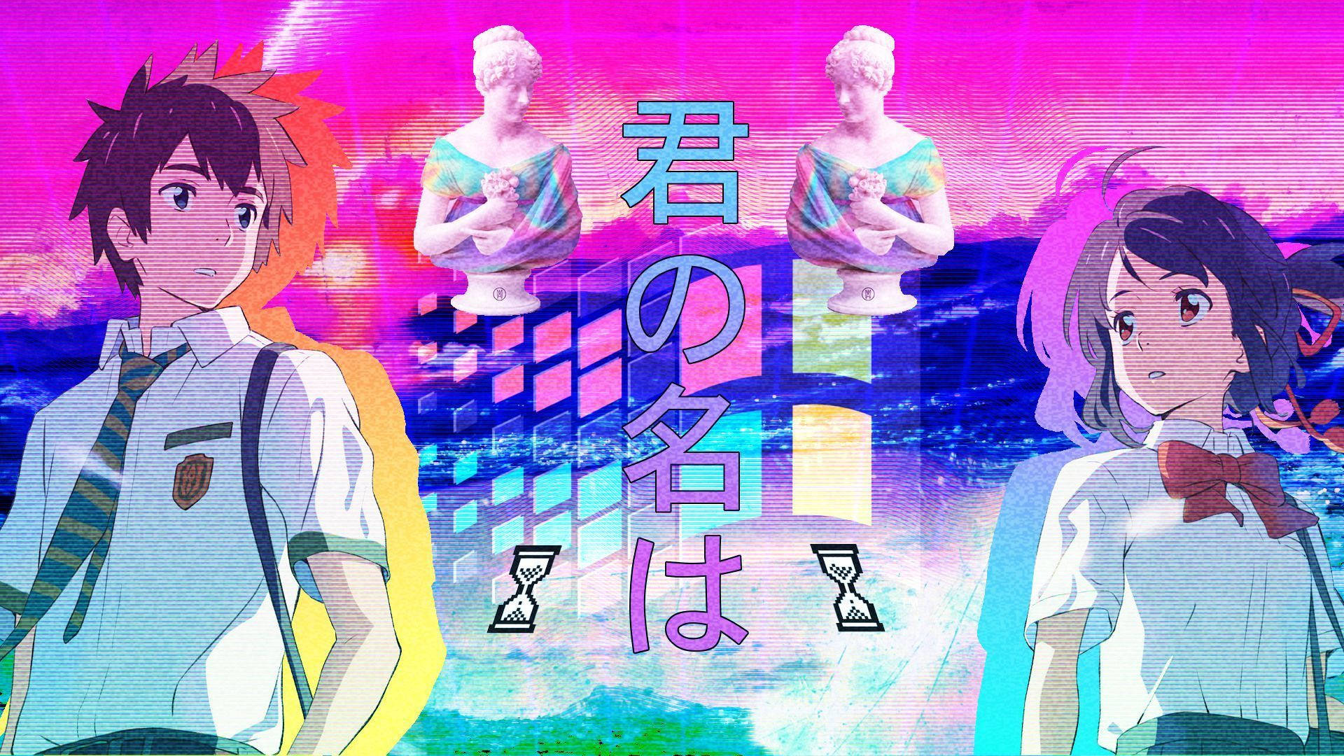 兩名穿著校服的動畫學生站在發光的雕像前，在故障多彩的場景中。
