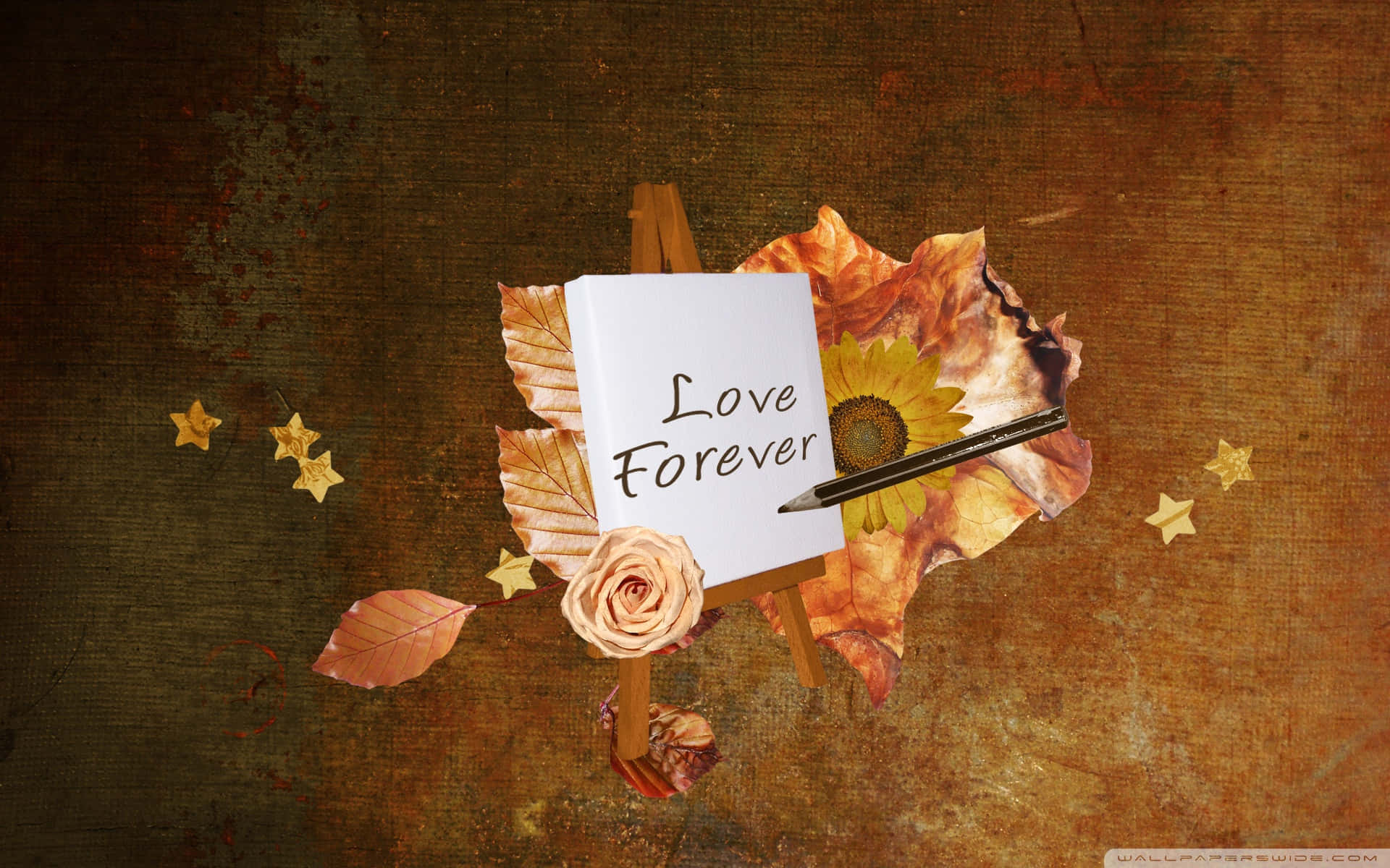 一張寫著「Love Forever」的便條，放在一個帶有秋葉和向日葵的畫架上。