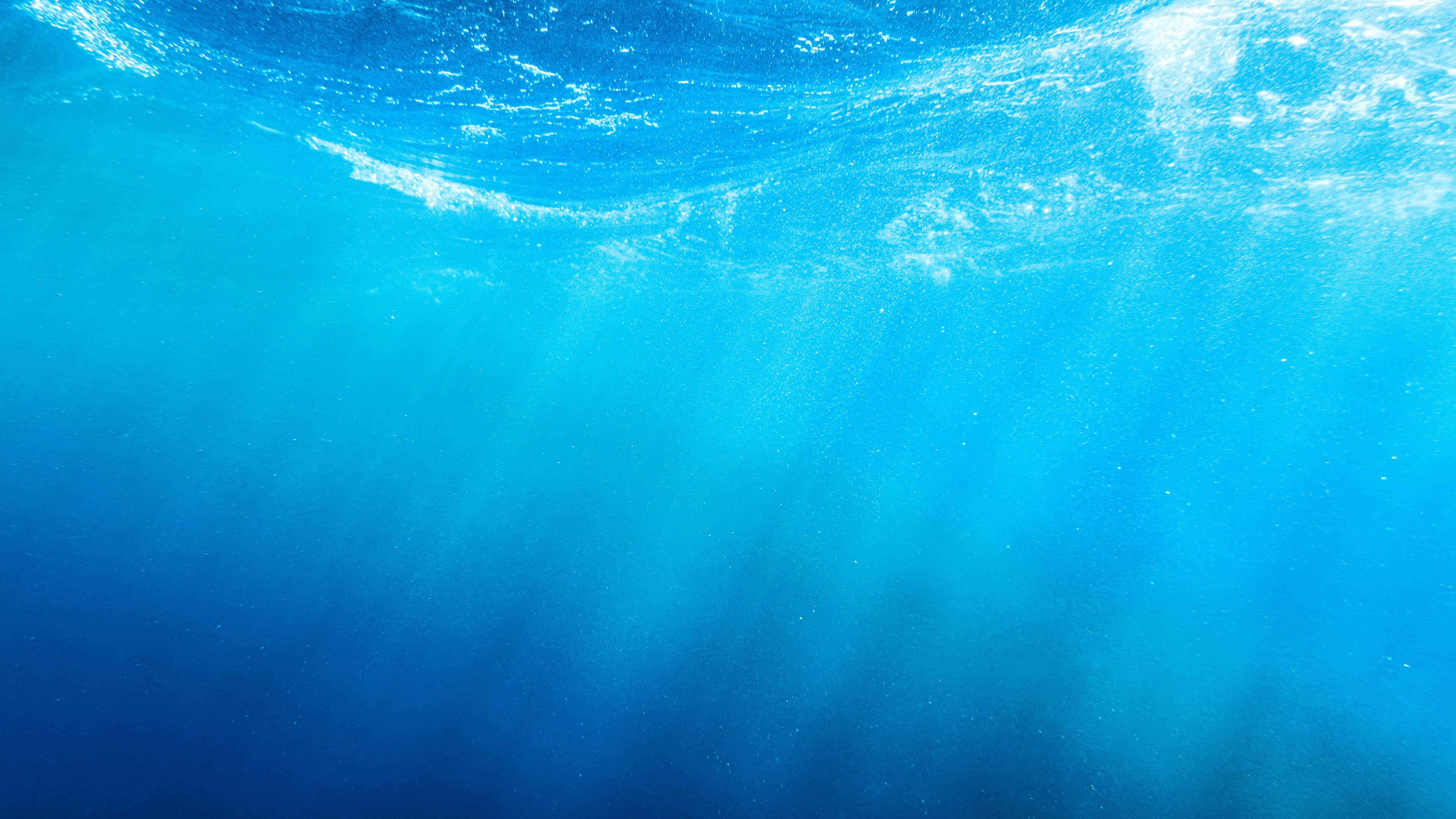 體驗海底的魔法世界 壁紙 — 陽光穿透清澈湛藍的海水，在水面形成柔和漣漪，營造出寧靜的水下場景。