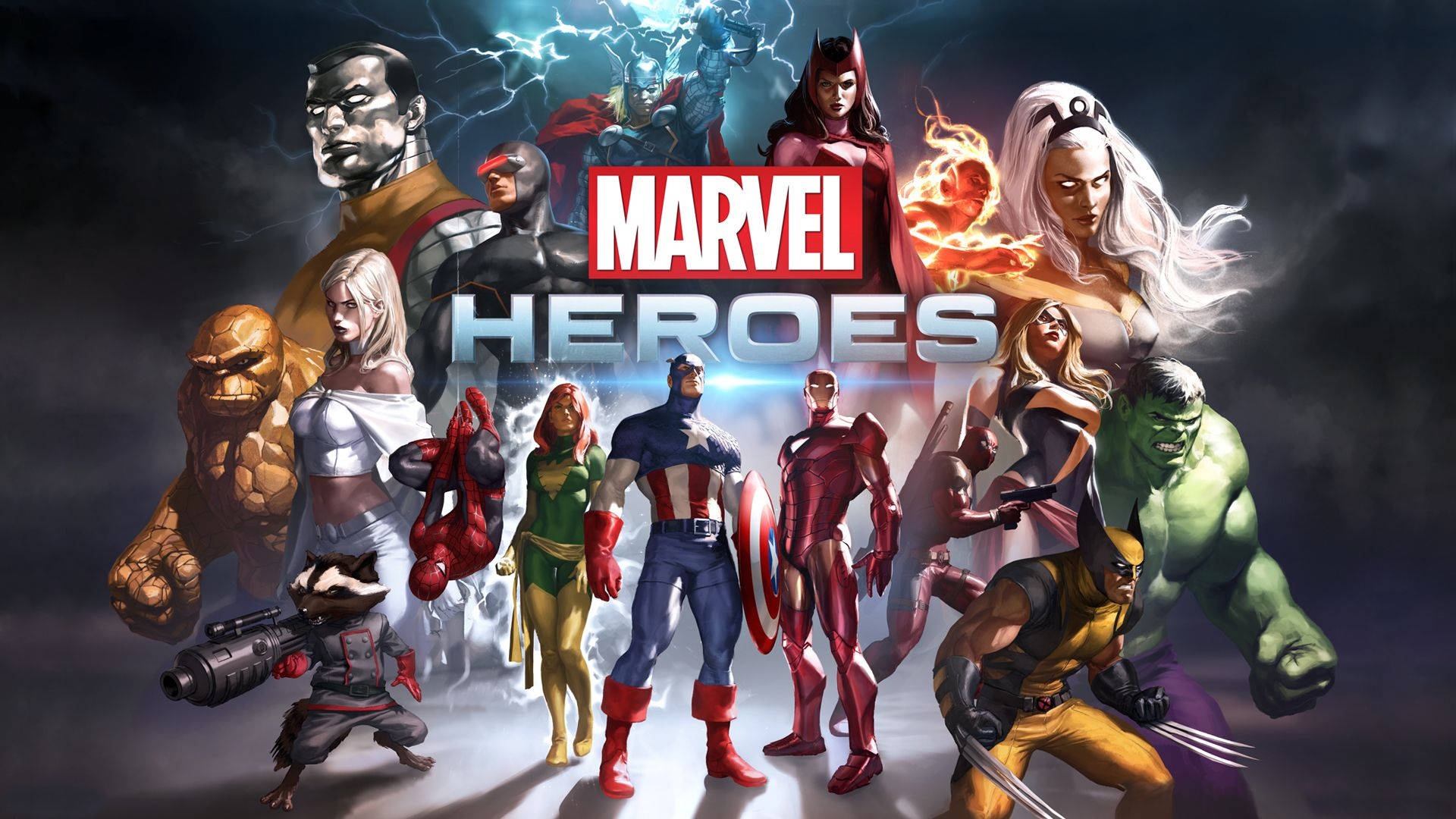 Marvel Heroes 超級英雄團隊以發光效果擺出動作姿勢。
