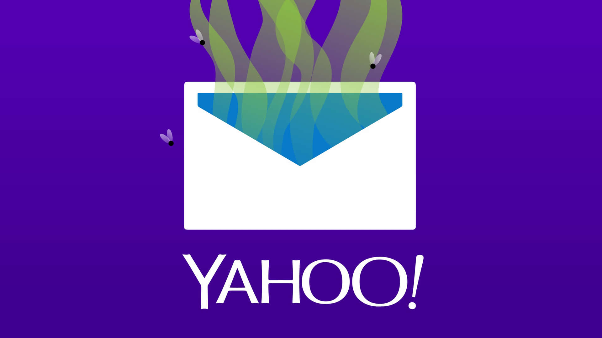 Yahoo標誌，一個白色信封在紫色背景上散發彩色蒸氣和蝴蝶。