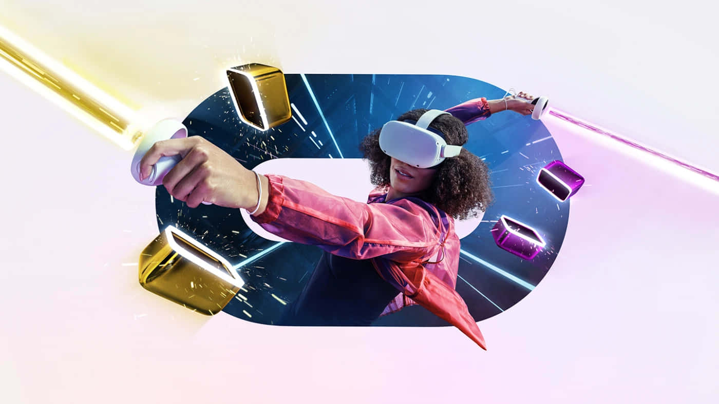 戴著VR頭戴式顯示器的人在數位空間中用發光武器戰鬥。