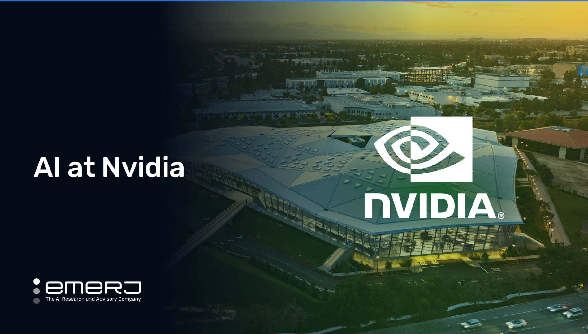 帶有AI文字疊加的日落時分NVIDIA總部大樓。