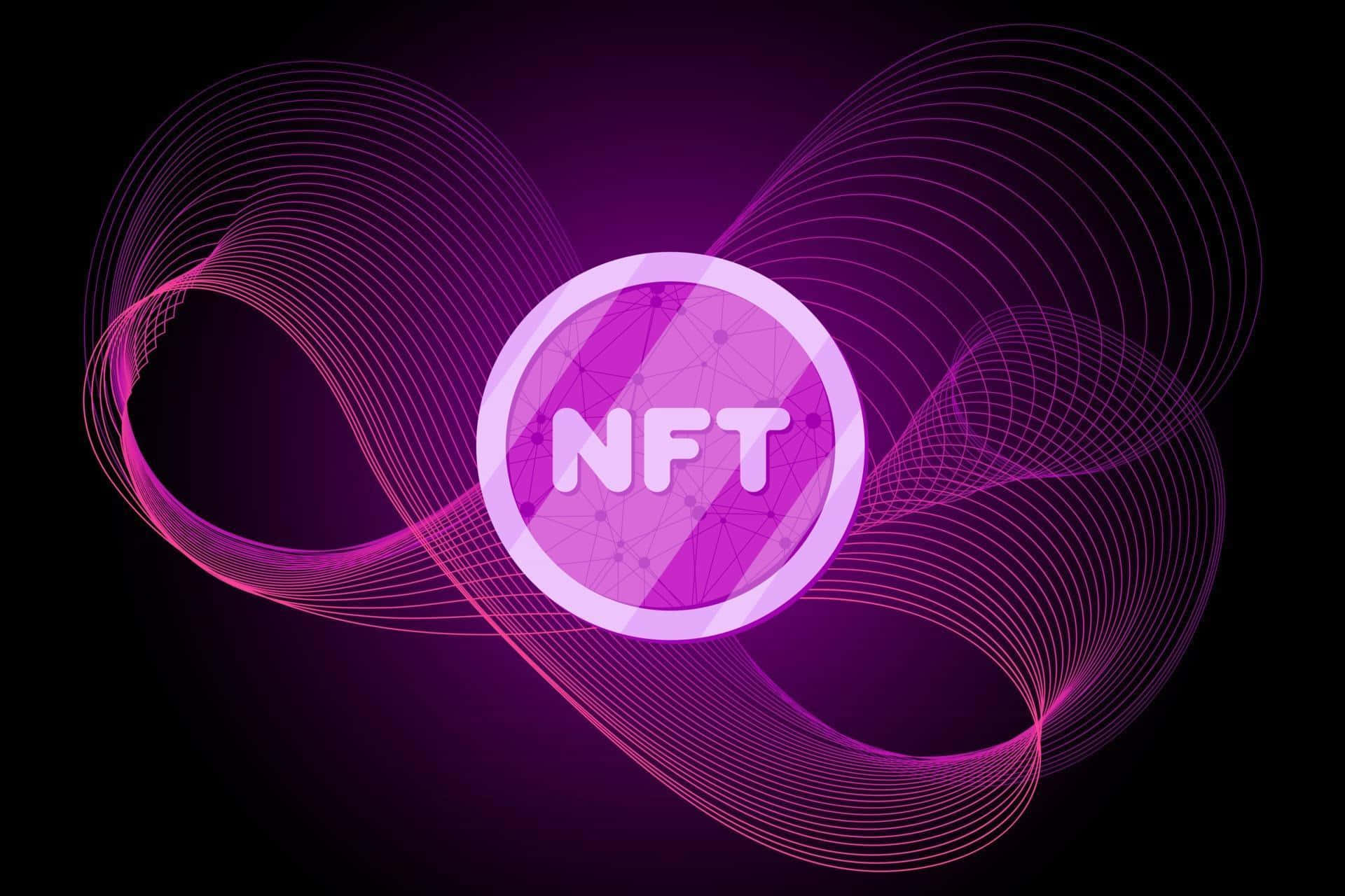 一個發光的紫色NFT標誌，被旋轉的數字線條包圍。