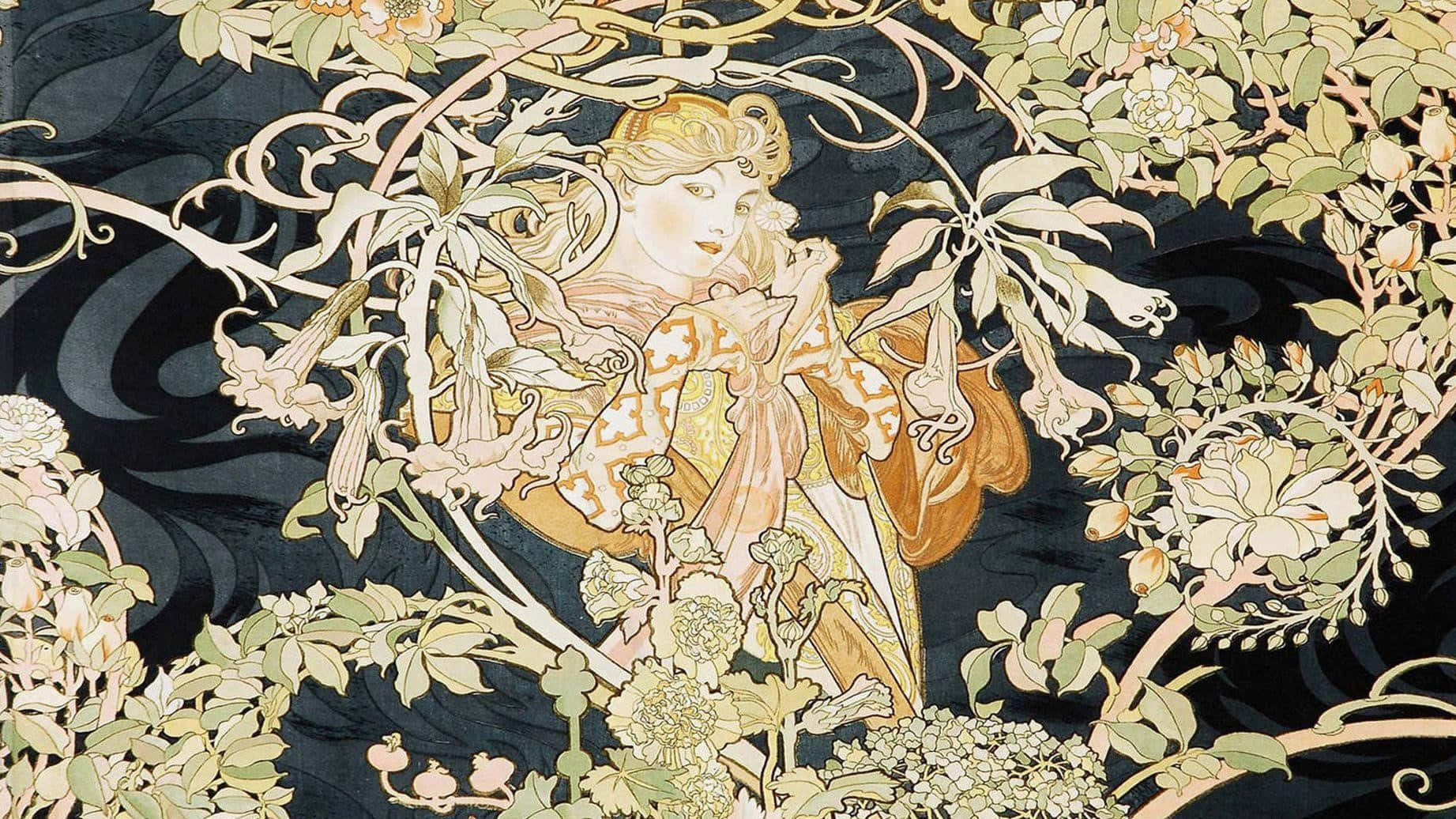 穿著金色長袍的優雅女人，周圍環繞著複雜的花卉藤蔓和花朵。