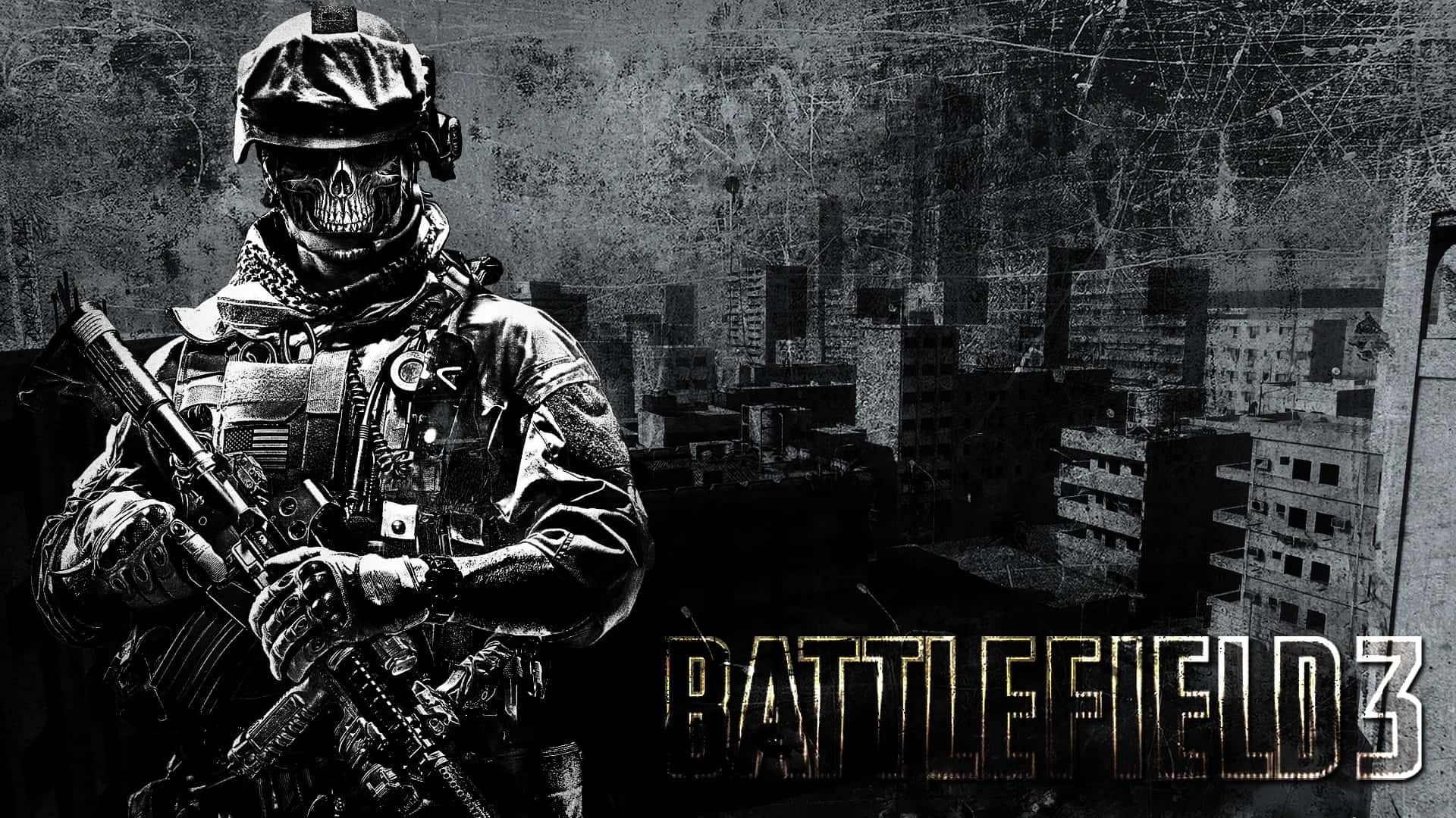 戴著骷髏面具的士兵在戰火摧殘的城市景觀中手持步槍，並帶有 Battlefield 3 標題。