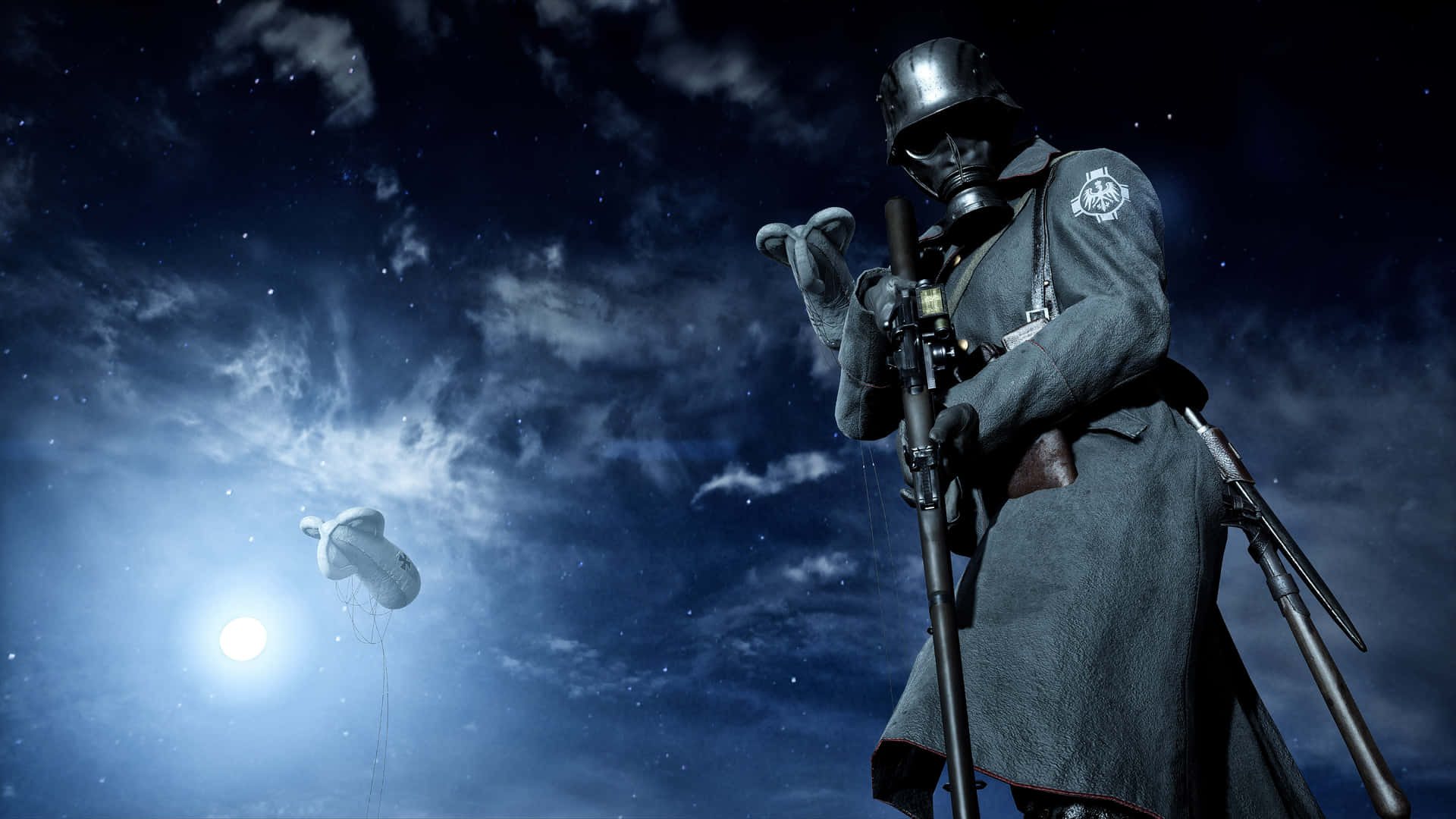 深色制服士兵在星空下持步槍，有發光月亮和漂浮物體。