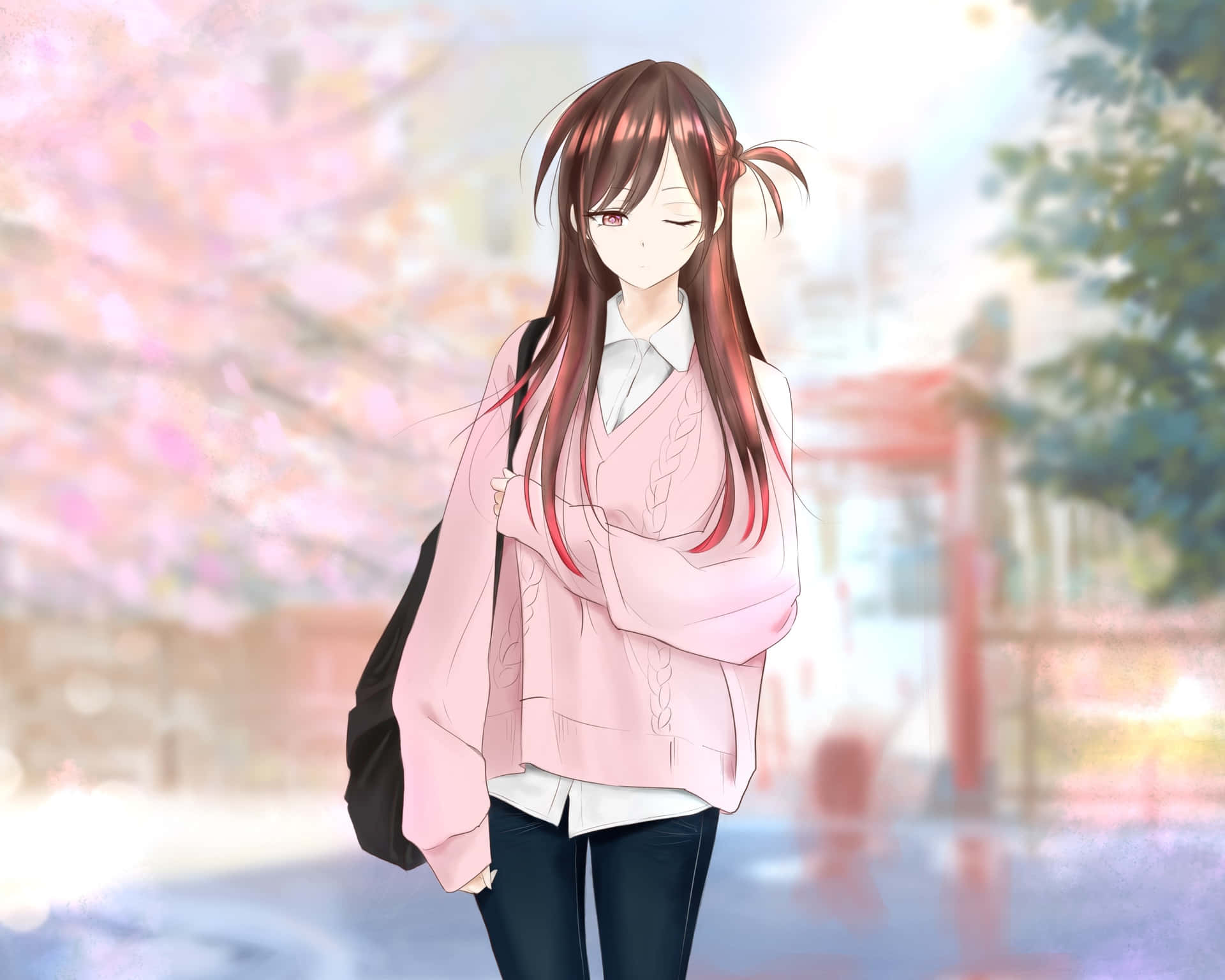 動漫女孩穿粉紅毛衣站在春天公園櫻花下。