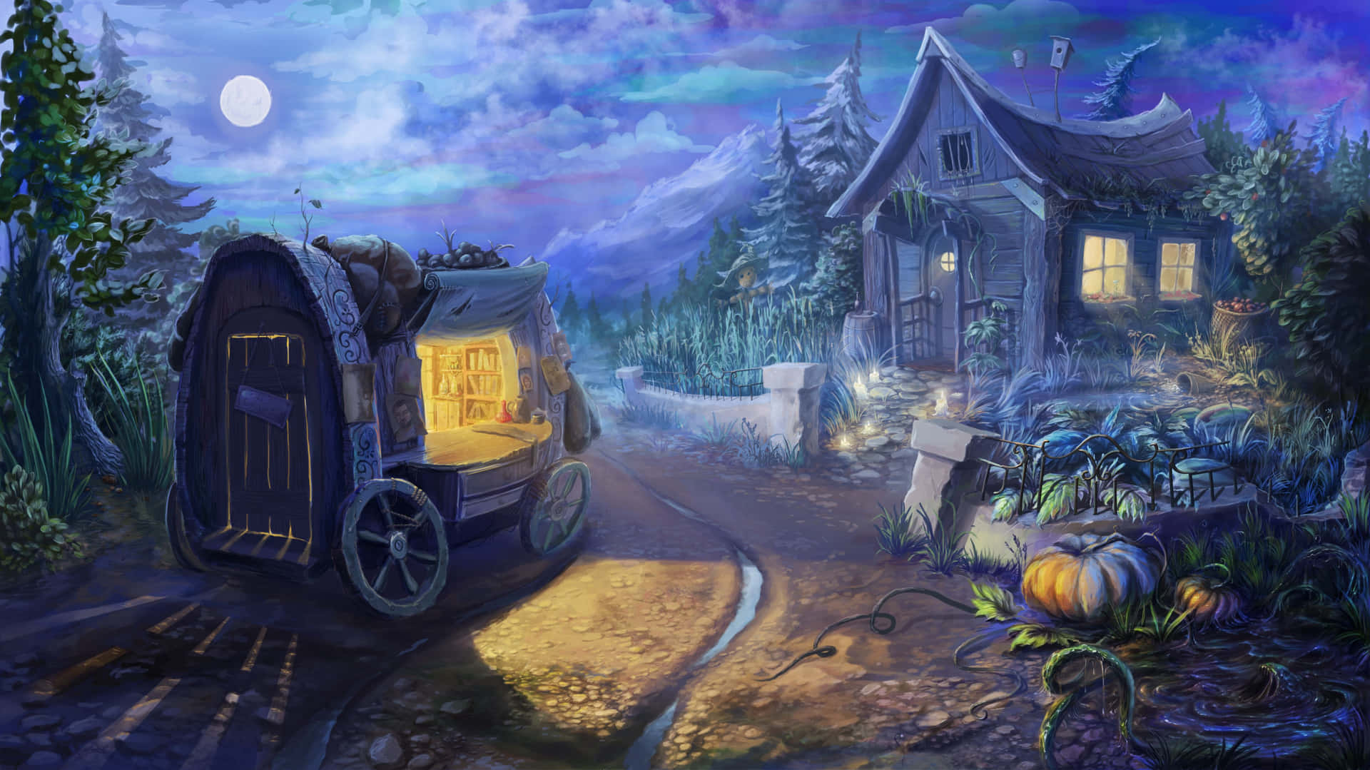 在滿月下，神秘森林中夜晚發光的馬車和小屋。