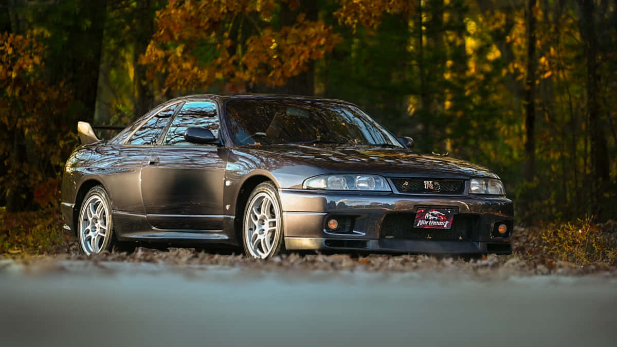 體驗經典 R33 GTR 壁紙 — 一架時尚嘅深灰色日產Skyline GT-R停泊喺被金色秋葉環繞嘅森林道路上。